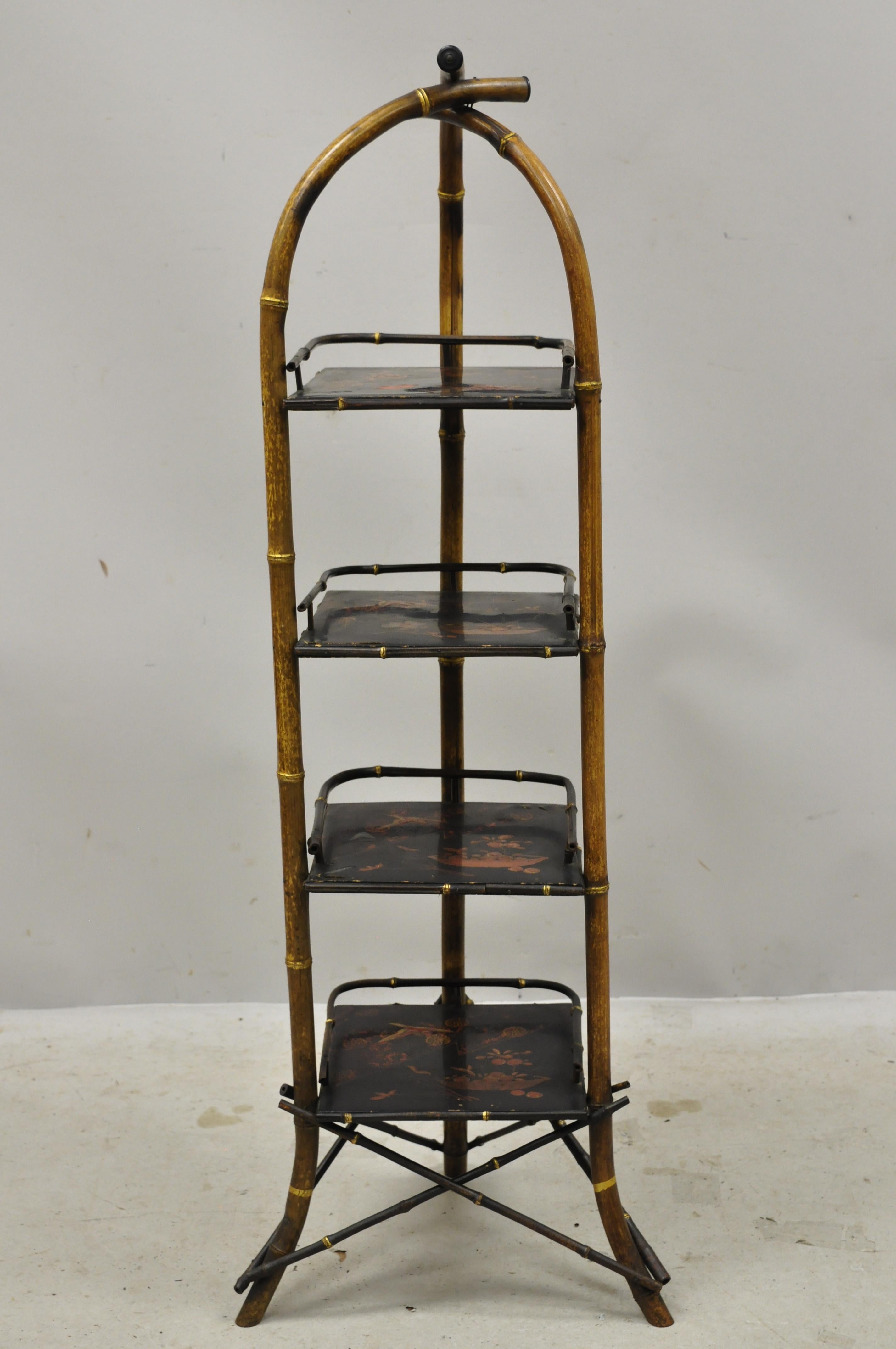Antique English charred bamboo Victorian 4-tier muffin dessert pastry stand. Item features bent bamboo frame, charred/burnt finish, lacquered surface with bird accents, 4 tiers, very nice antique item, circa late 19th-early 20th century.