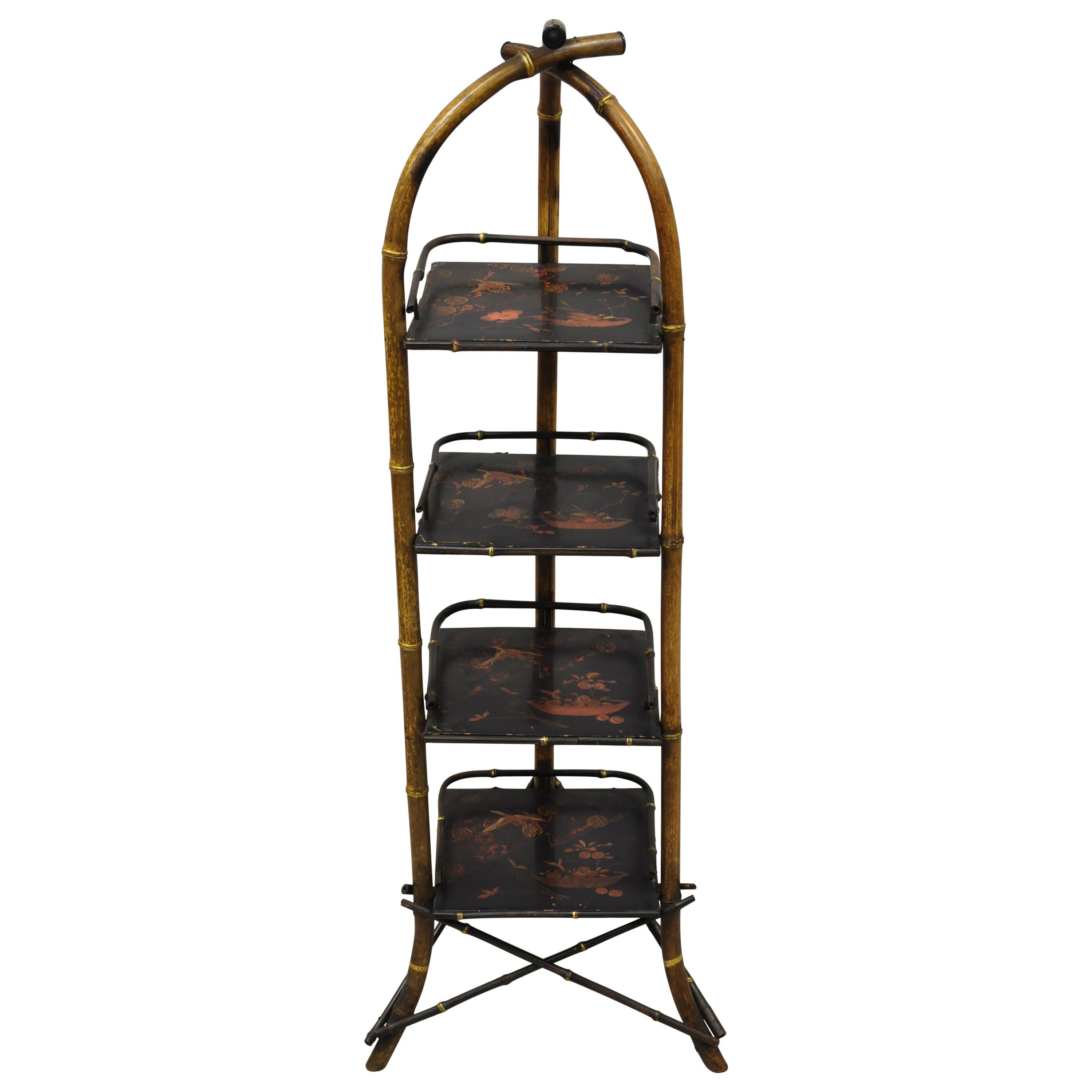 Antique English Charred Bamboo Victorian 4-Tier Muffin Dessert Pastry Stand