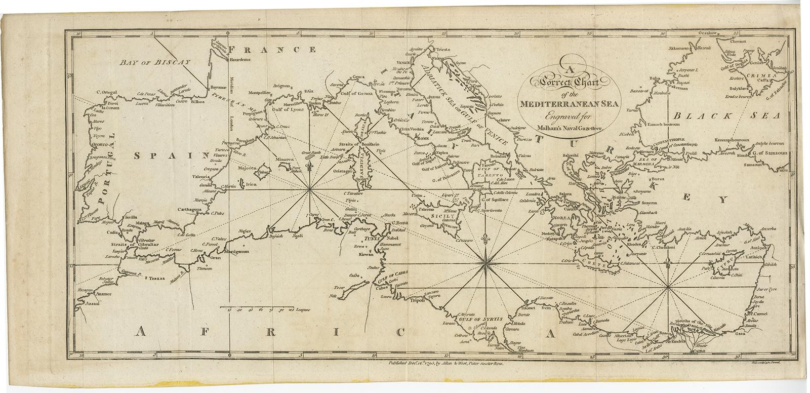 Antique map titled 'A Correct Chart of the Mediterranean Sea'. Engraved for Malham's Naval Gazetteer. 

Artists and Engravers: Published by Allan & West.

Condition: Very good. General age-related toning, please study image carefully. 
Date: