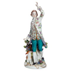 Antique English Chelsea Hand Painted & Gilt Porcelain Figure, Boy & Sheep 19th C