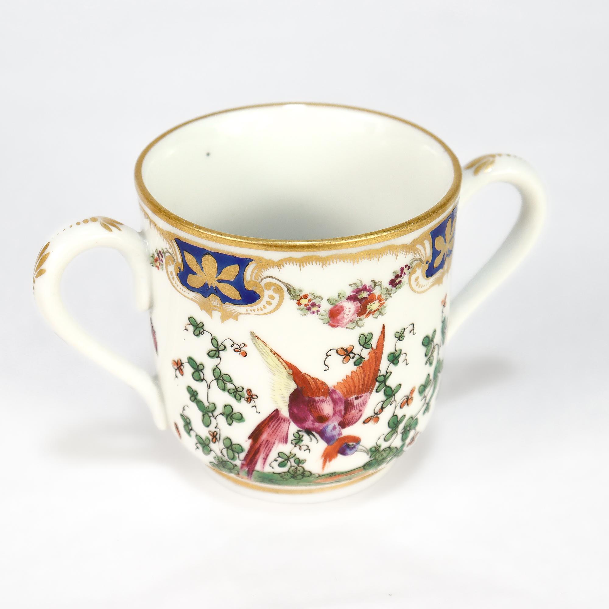 Antique English Chelsea Style Porcelain Chocolate Cup & Saucer Birds of Paradise For Sale 5