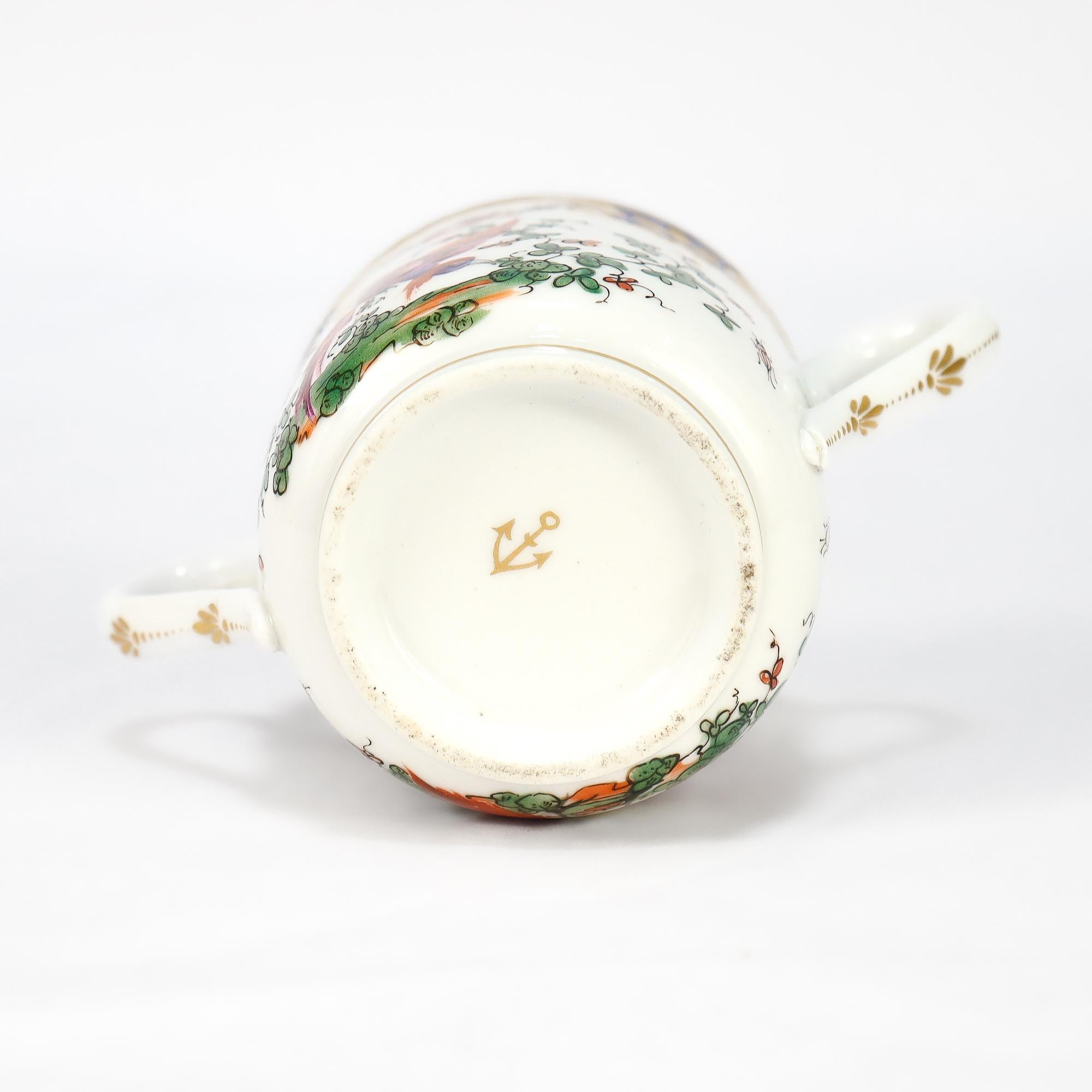 Antique English Chelsea Style Porcelain Chocolate Cup & Saucer Birds of Paradise For Sale 7