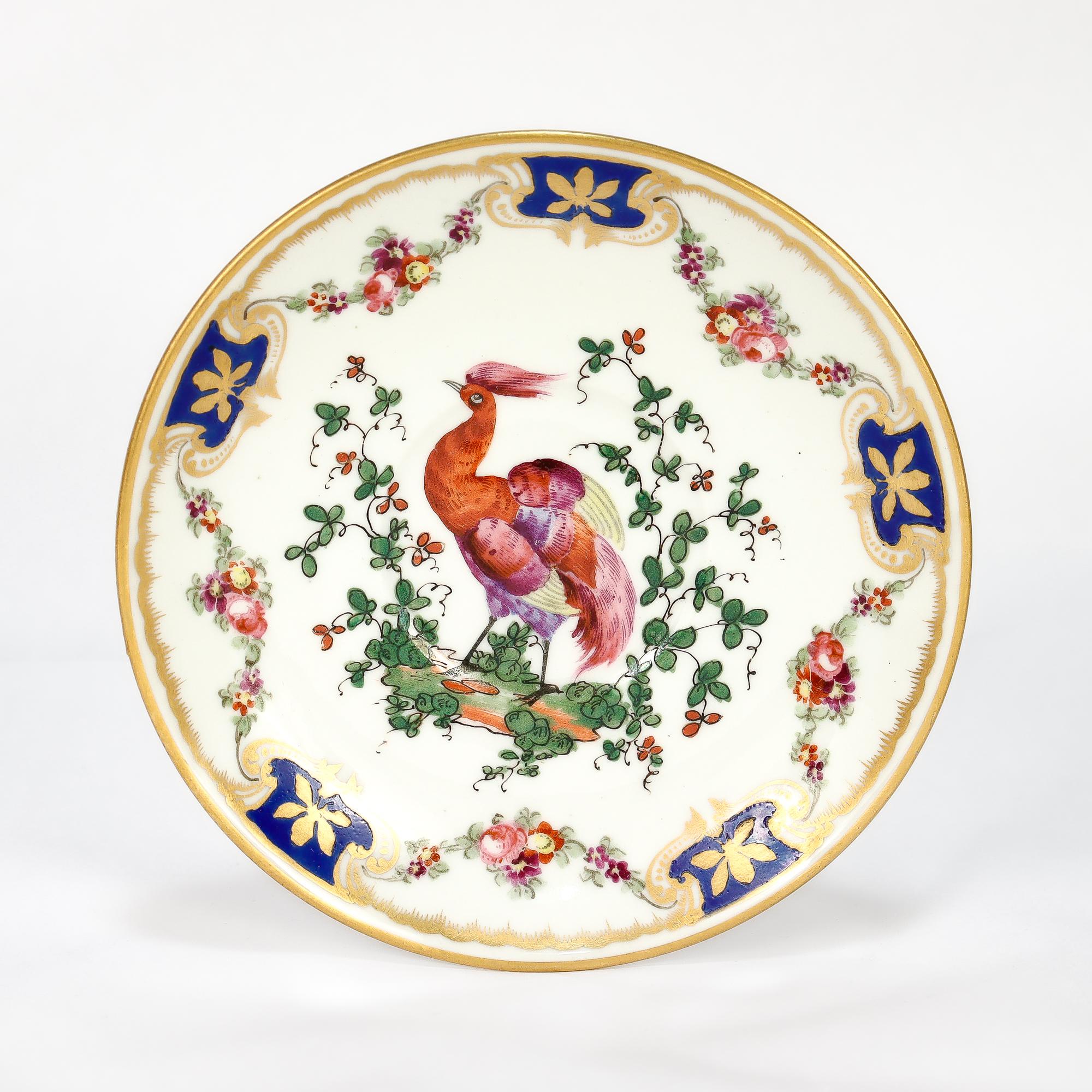 Antique English Chelsea Style Porcelain Chocolate Cup & Saucer Birds of Paradise For Sale 8
