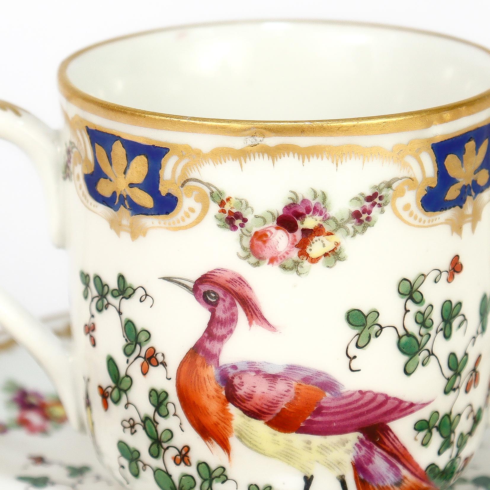 Antique English Chelsea Style Porcelain Chocolate Cup & Saucer Birds of Paradise For Sale 10