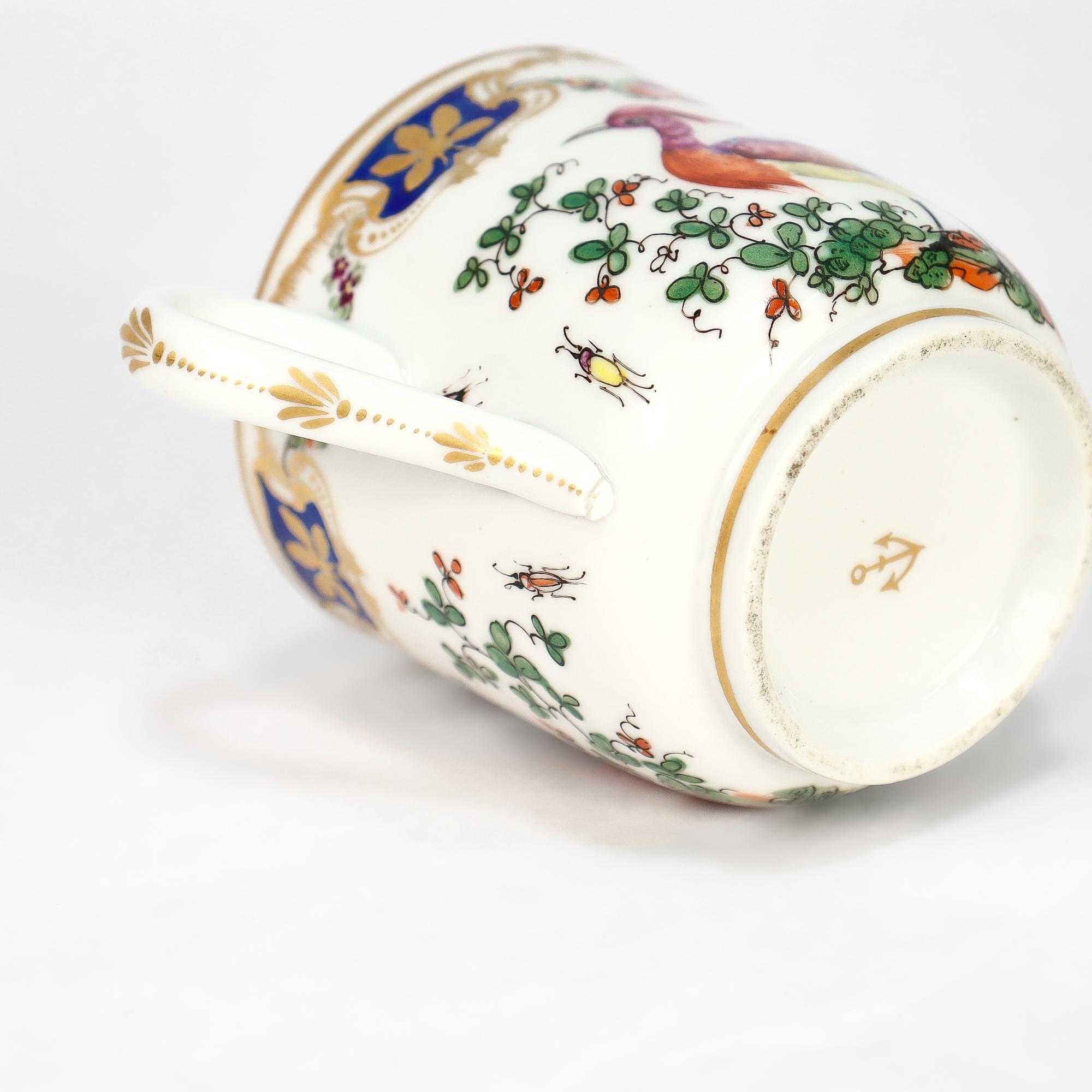 Antique English Chelsea Style Porcelain Chocolate Cup & Saucer Birds of Paradise For Sale 11