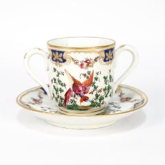Antique English Chelsea Style Porcelain Chocolate Cup & Saucer Birds of Paradise