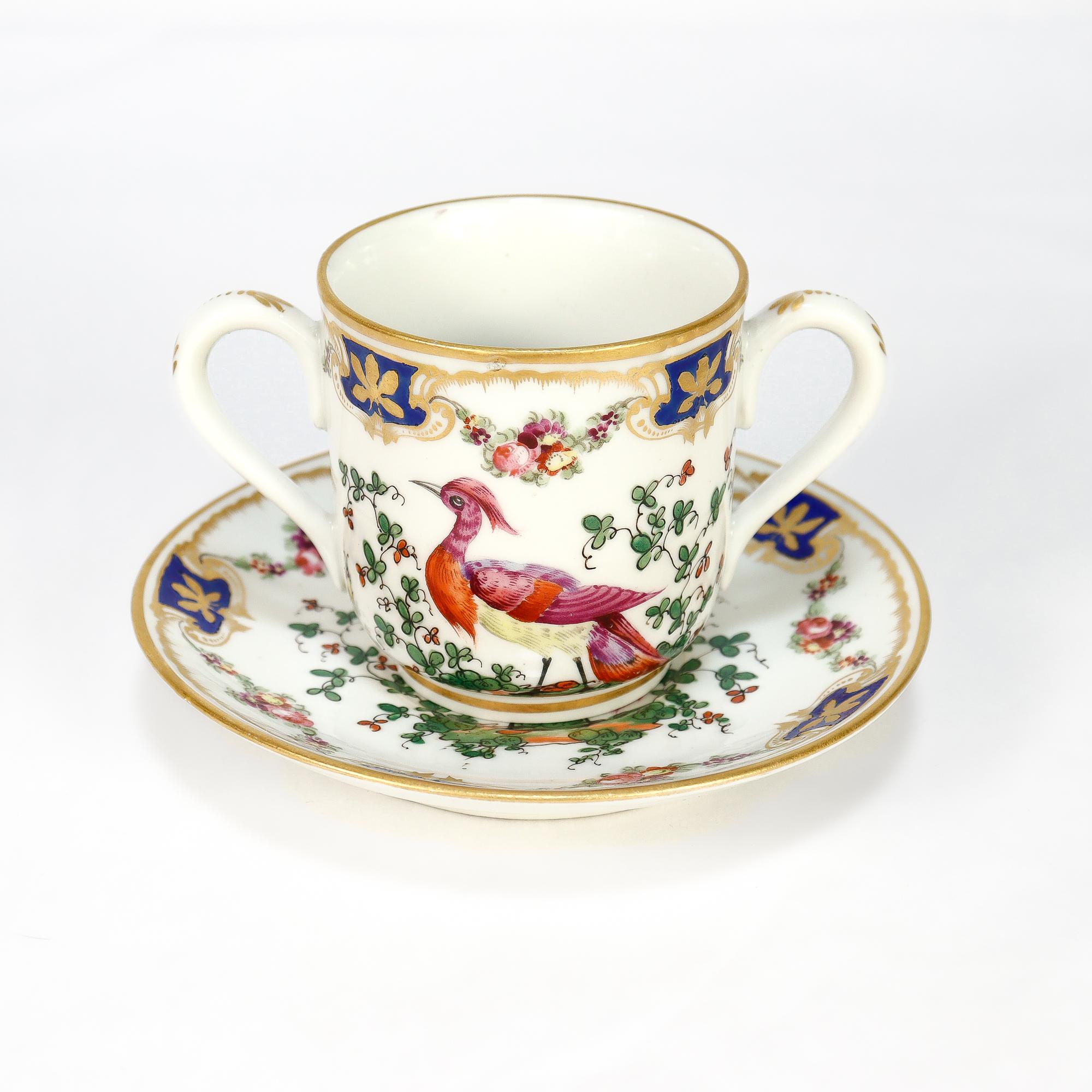 Antique English Chelsea Style Porcelain Chocolate Cup & Saucer Birds of Paradise In Good Condition For Sale In Philadelphia, PA