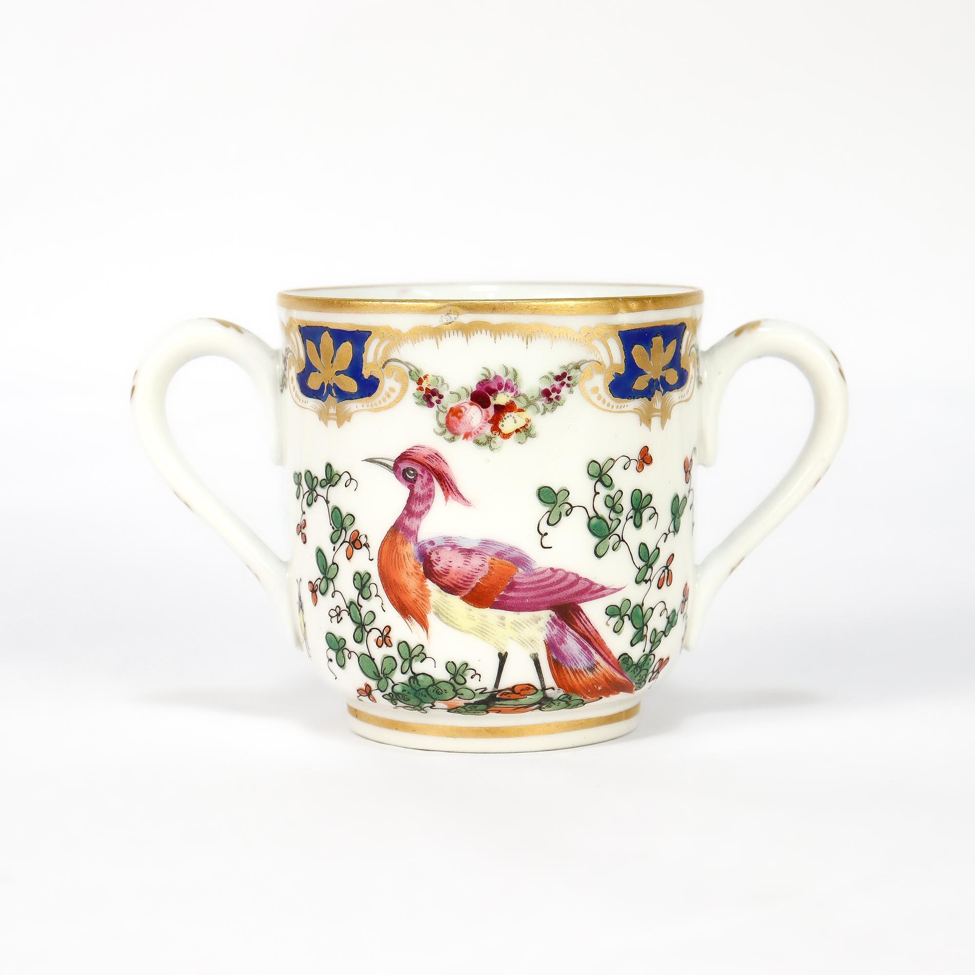 Antique English Chelsea Style Porcelain Chocolate Cup & Saucer Birds of Paradise For Sale 1
