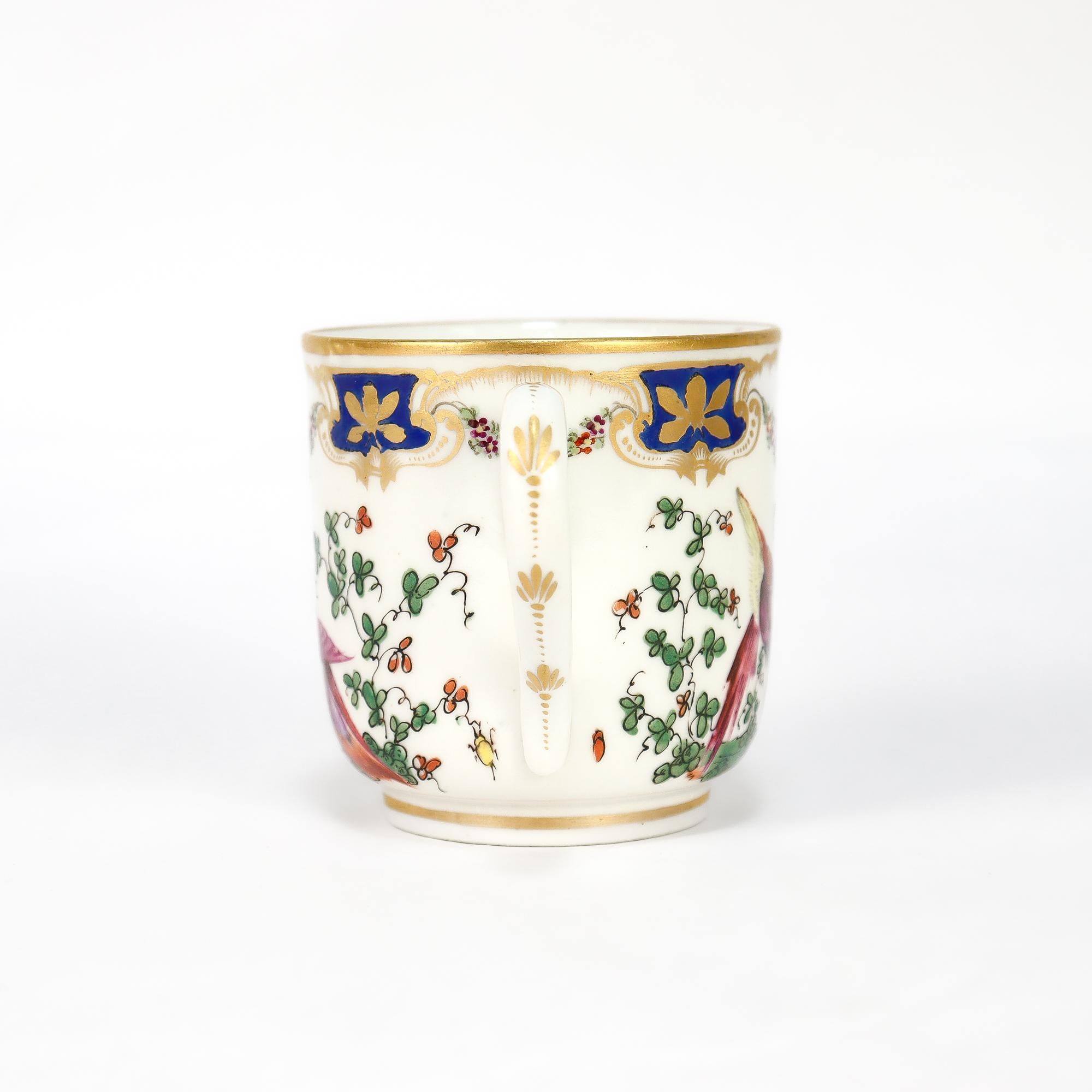 Antique English Chelsea Style Porcelain Chocolate Cup & Saucer Birds of Paradise For Sale 2