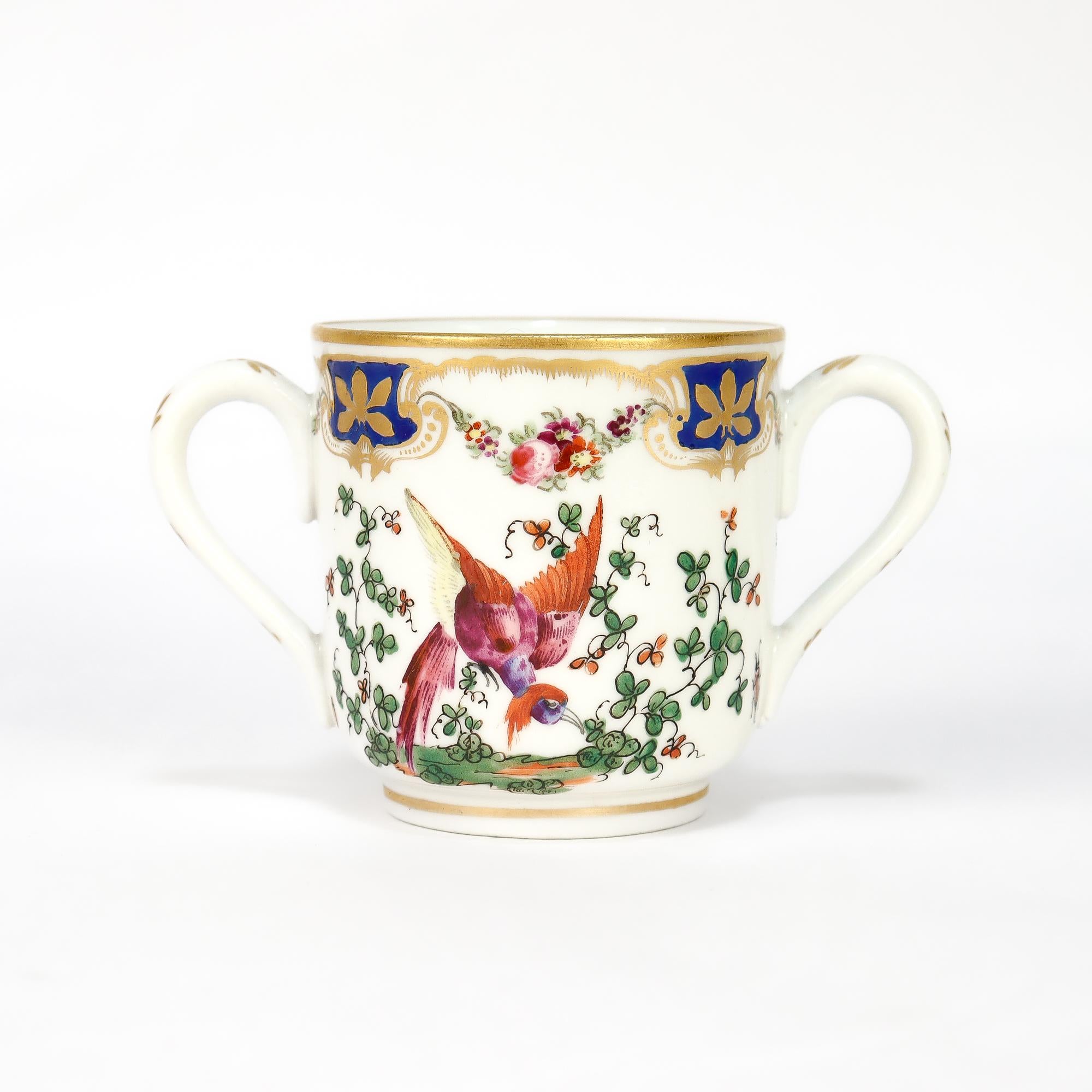 Antique English Chelsea Style Porcelain Chocolate Cup & Saucer Birds of Paradise For Sale 3