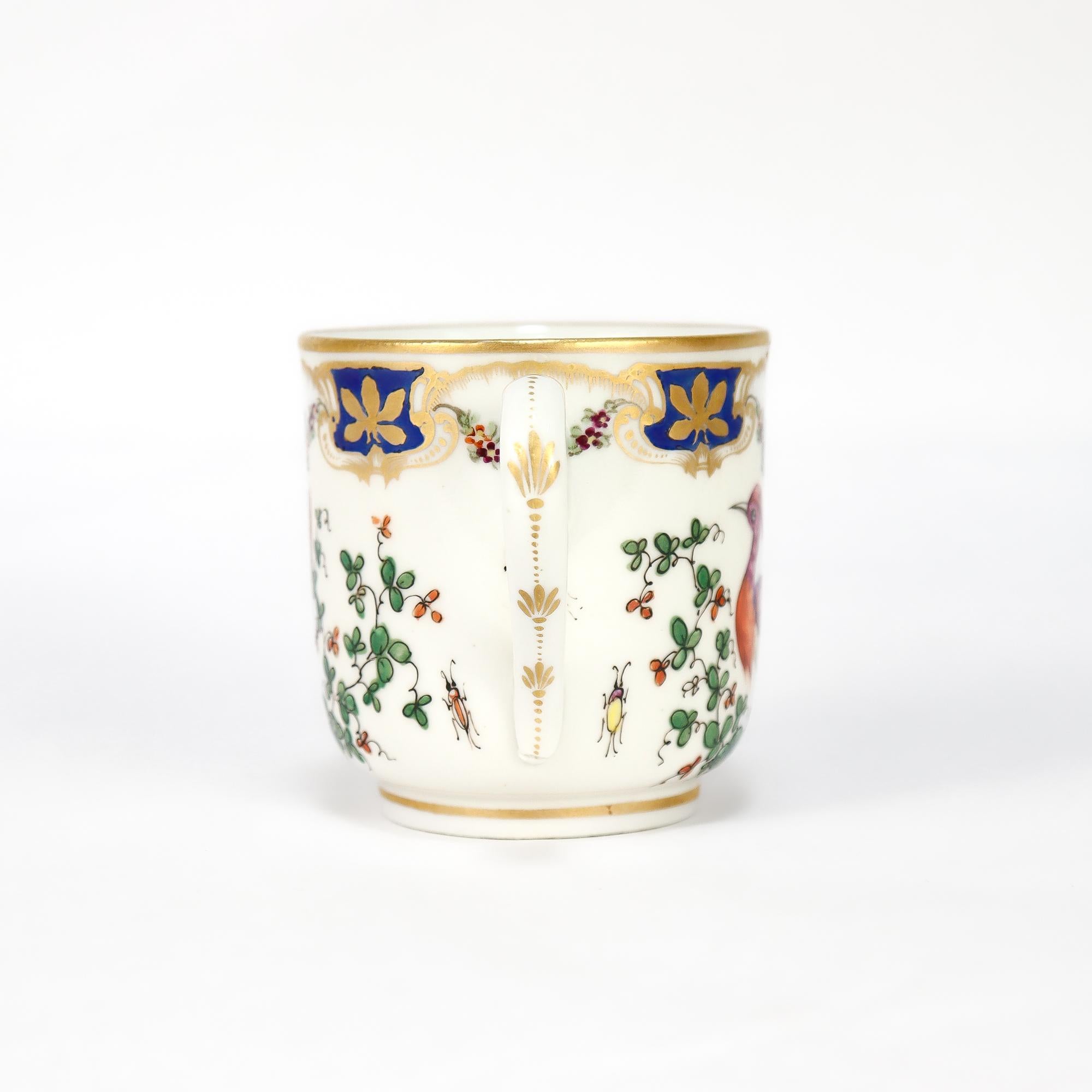 Antique English Chelsea Style Porcelain Chocolate Cup & Saucer Birds of Paradise For Sale 4