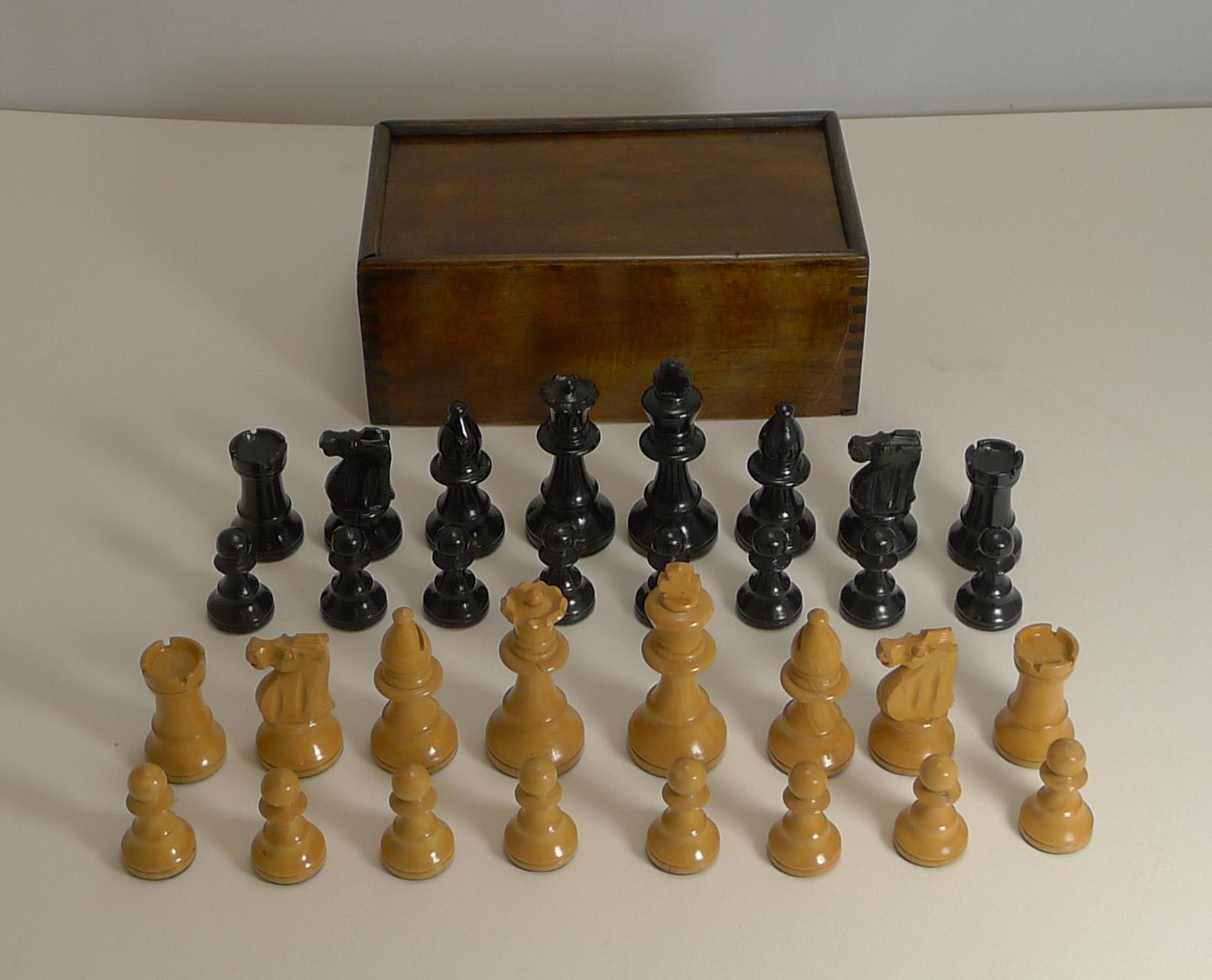 Early 20th Century Antique English Chess Board and Chess Set, circa 1910