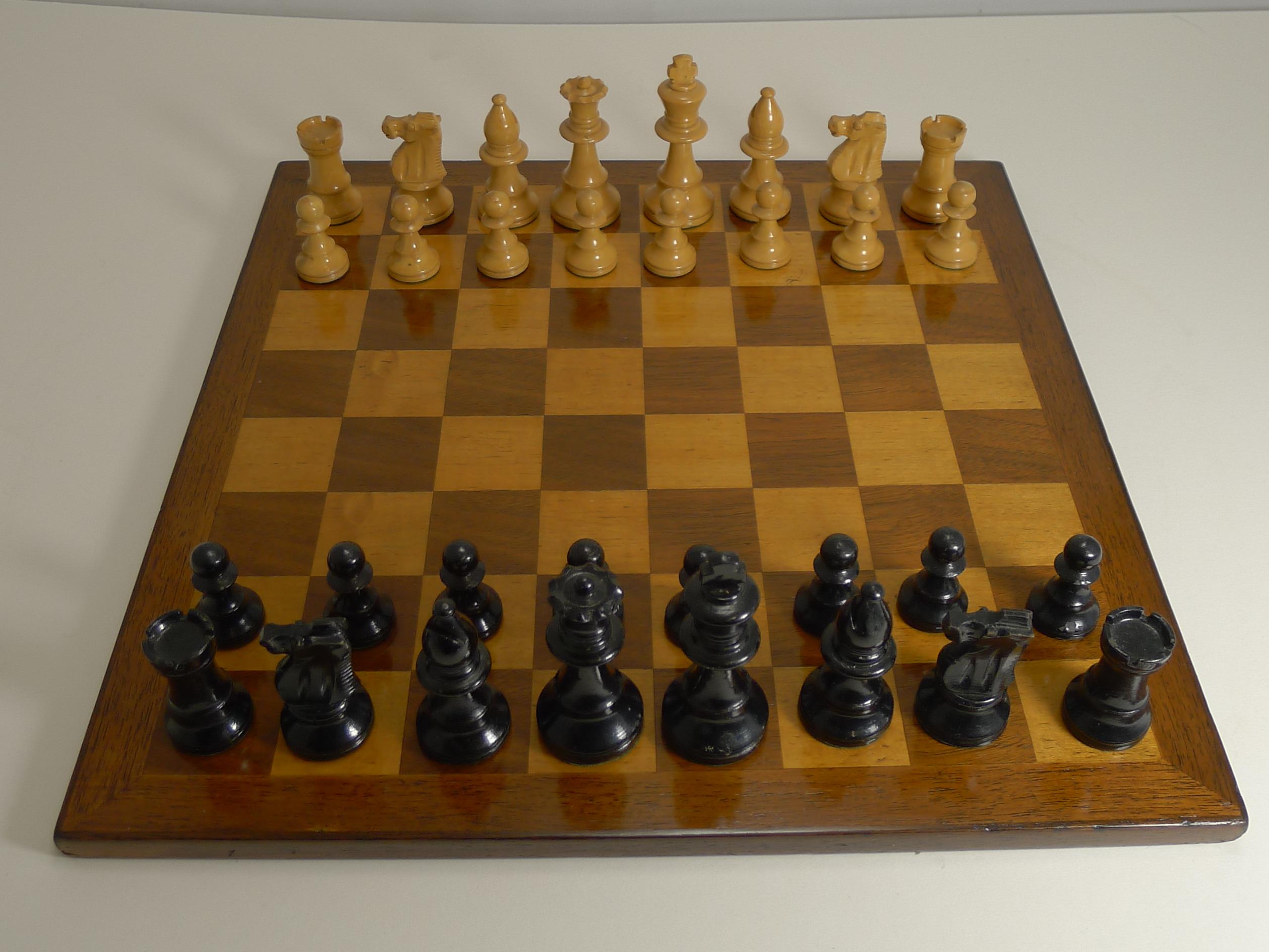 Wood Antique English Chess Board and Chess Set, circa 1910