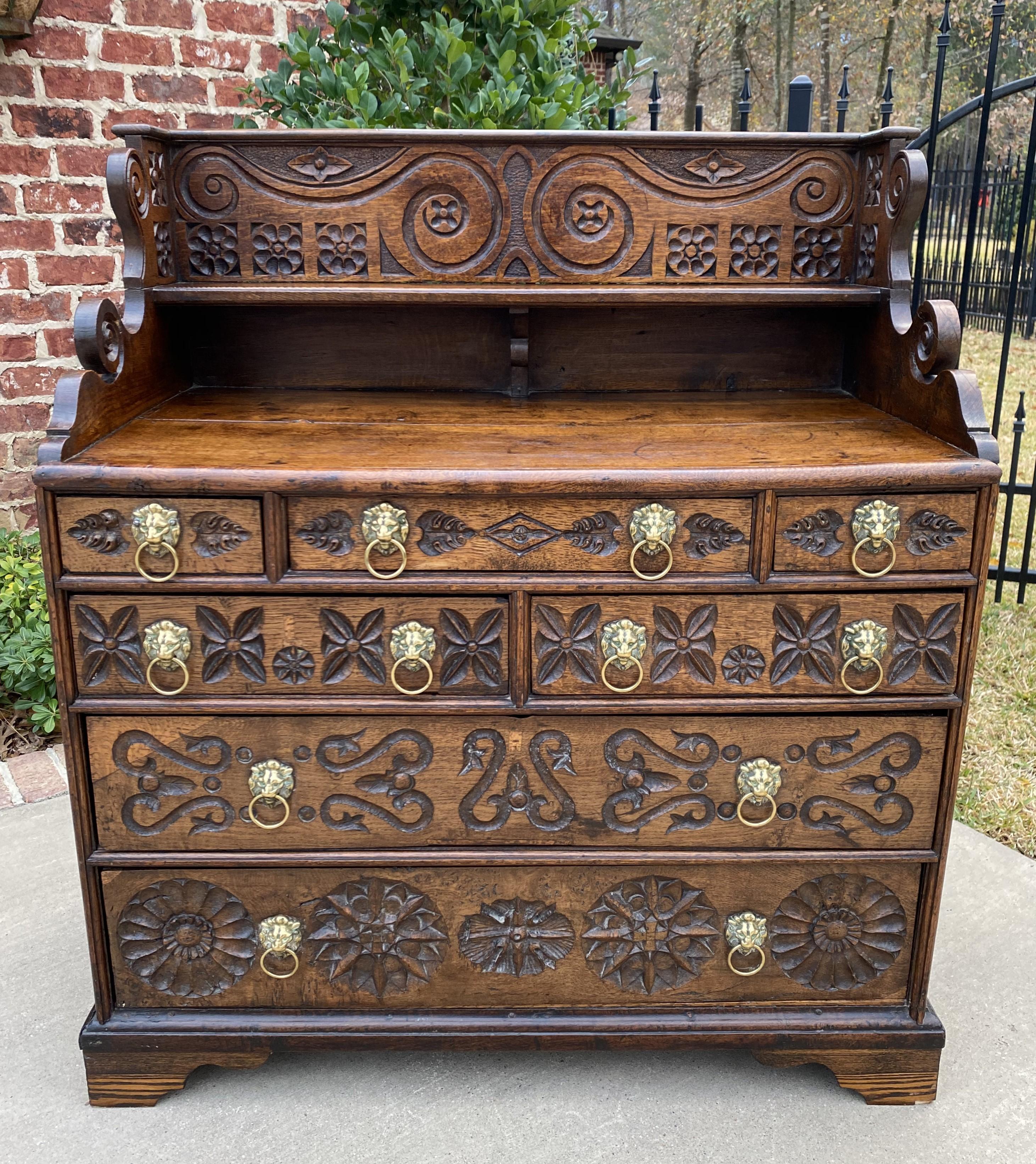 Antique English Chest of 7 Drawers Georgian Brass Lion Pulls Carved Oak 18th C For Sale 8
