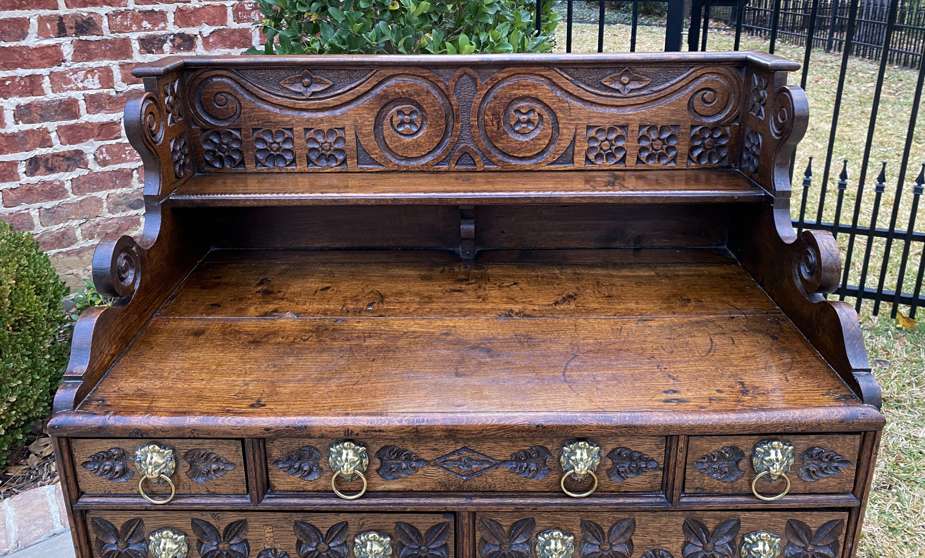 Antique English Chest of 7 Drawers Georgian Brass Lion Pulls Carved Oak 18th C For Sale 2