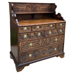 Antique English Chest of 7 Drawers Georgian Brass Lion Pulls Carved Oak 18th C