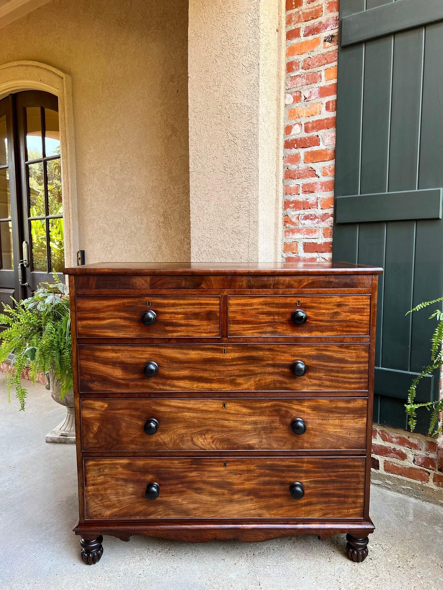 Antique English Chest of Drawers Burl Mahogany Victorian Dresser Cabinet.

Direct from England, a superb 19th century chest of drawers. Classic British style and traditional form with two drawers over three drawers in the front.
The chest top and