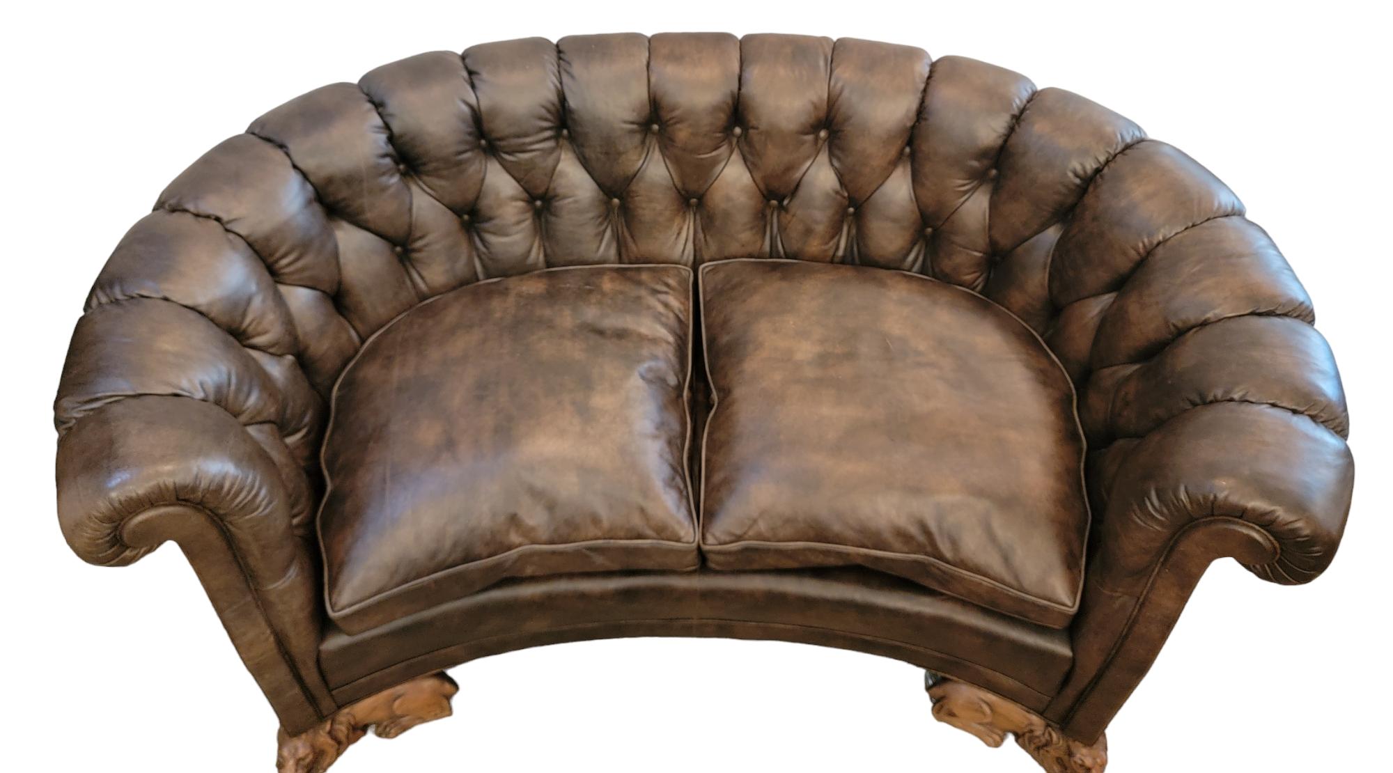 Chesterfield Antique English Chester field Sofa with Hand Carved Wood Lion Legs For Sale