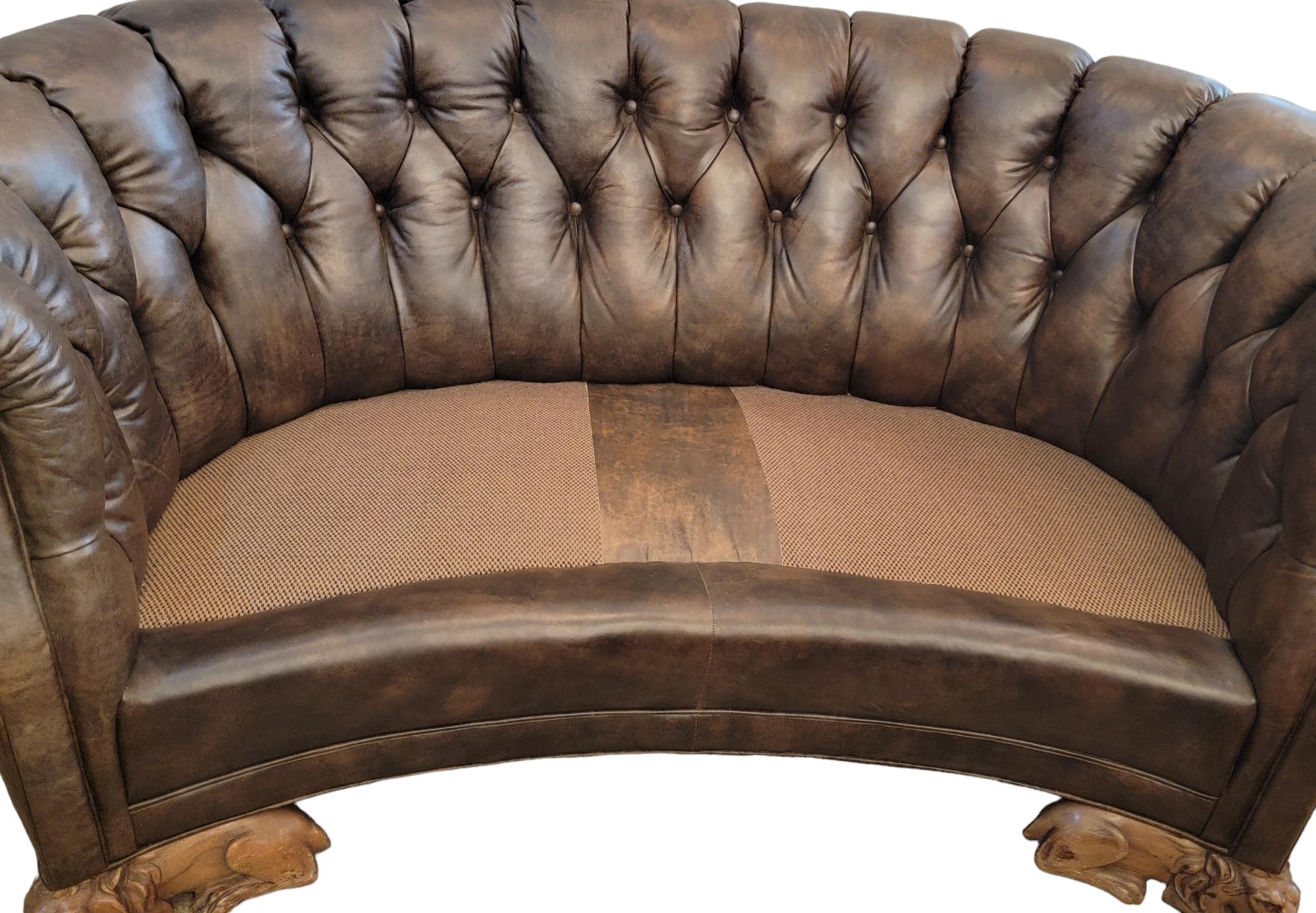 Early 20th Century Antique English Chester field Sofa with Hand Carved Wood Lion Legs For Sale