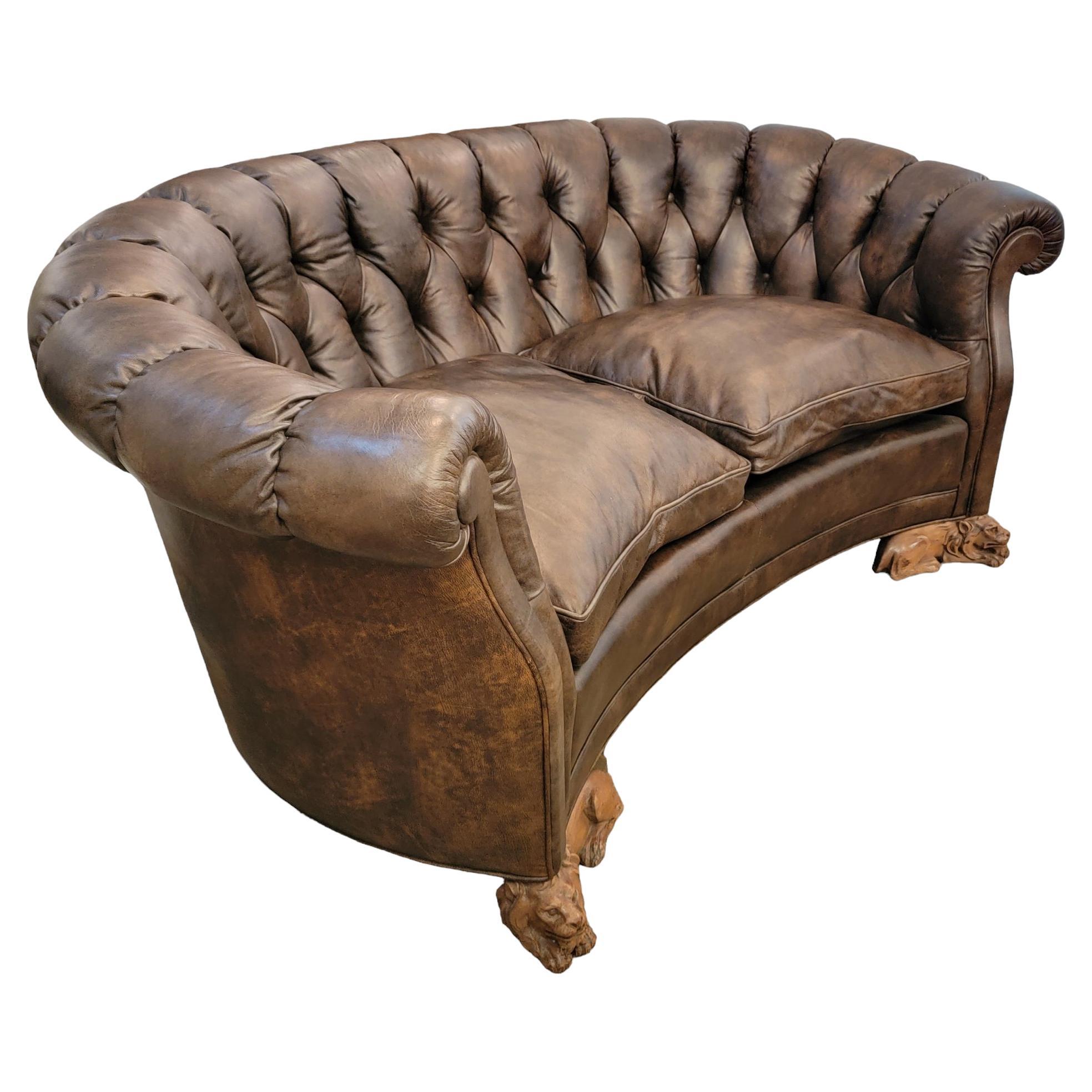 Antique English Chester field Sofa with Hand Carved Wood Lion Legs For Sale