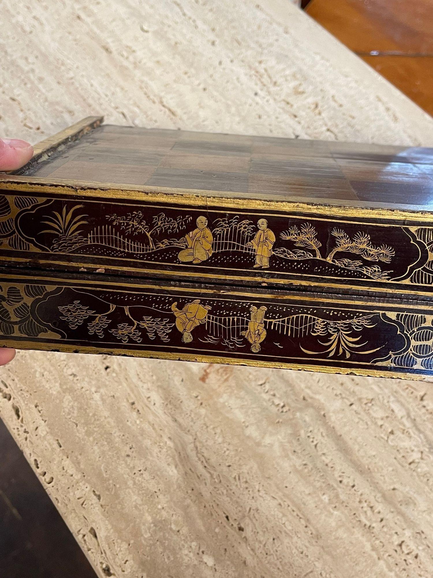 Antique English Chinoiserie Games Box In Good Condition In Dallas, TX