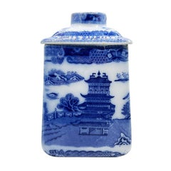 Antique English Chinoiserie Pagoda Flow Blue Cookie Jar or Tea Caddy - Ringtons