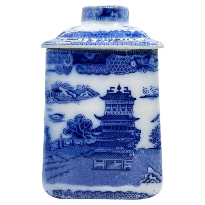 Antique English Chinoiserie Pagoda Flow Blue Cookie Jar or Tea Caddy - Ringtons