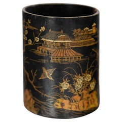 Antique English Chinoiserie Papier Mache Desk Brush Holder Pen Cup, circa 1880