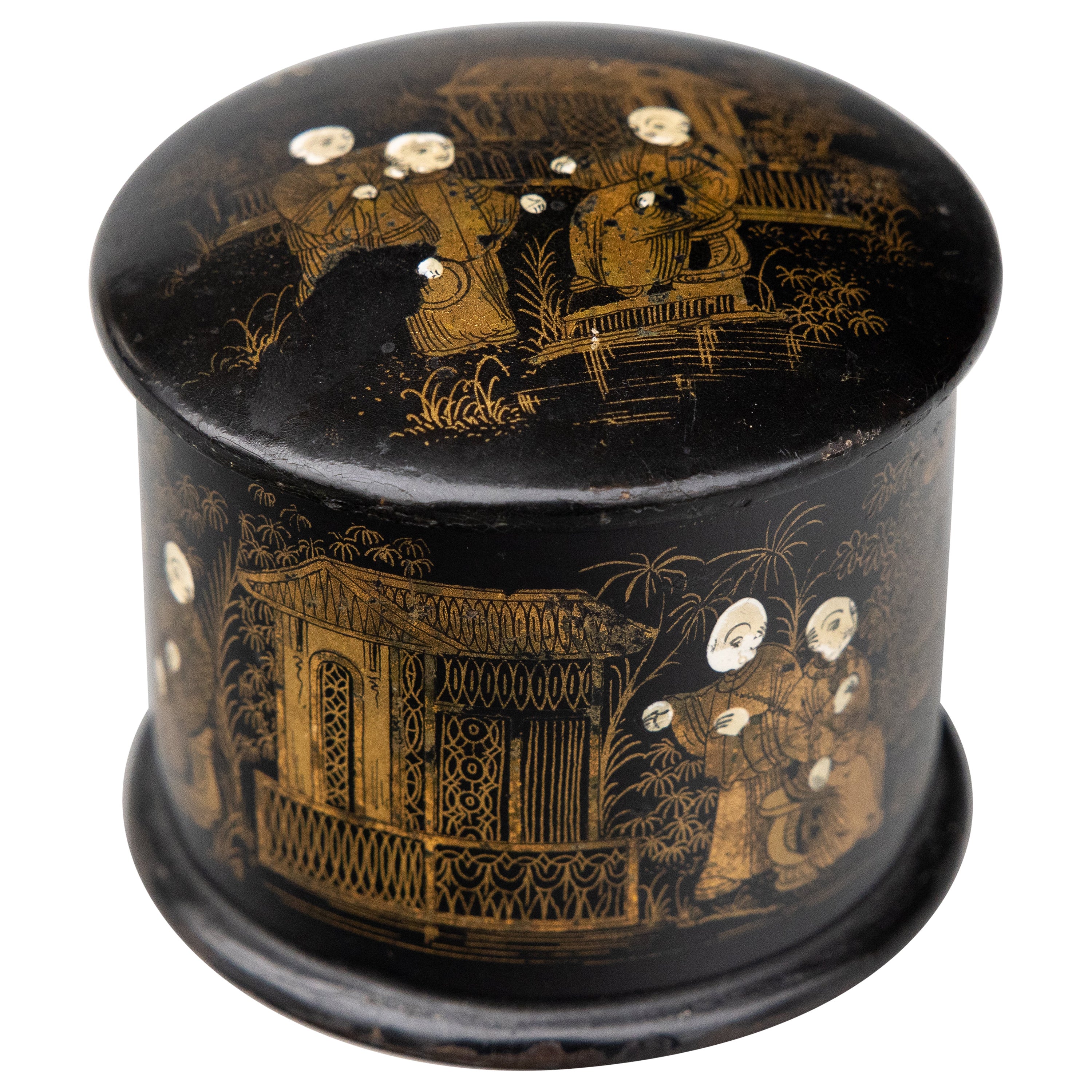 Antique English chinoiserie Papier Mache Lidded Dresser Box, circa 1880