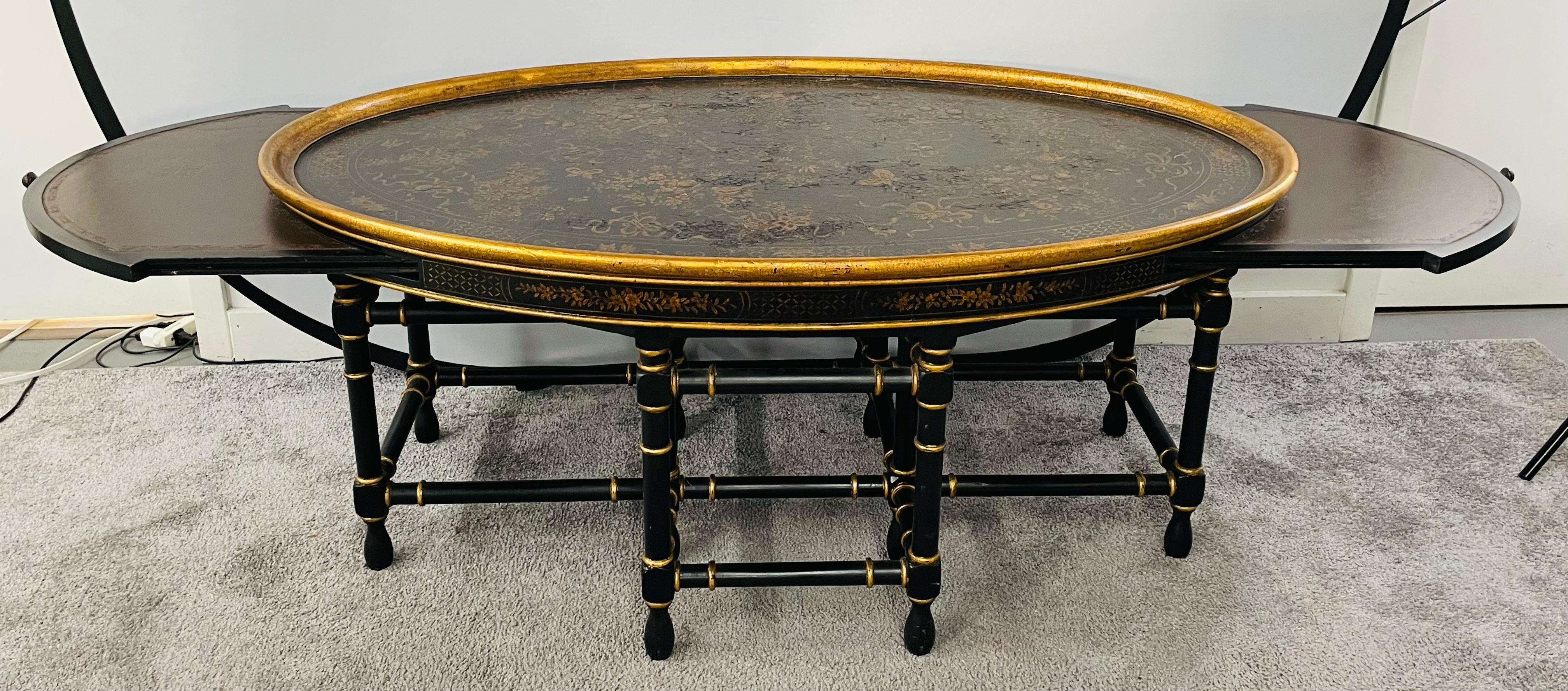 Japanned Antique English Chinoiserie Style Oval Coffee Table with Faux Bamboo Legs