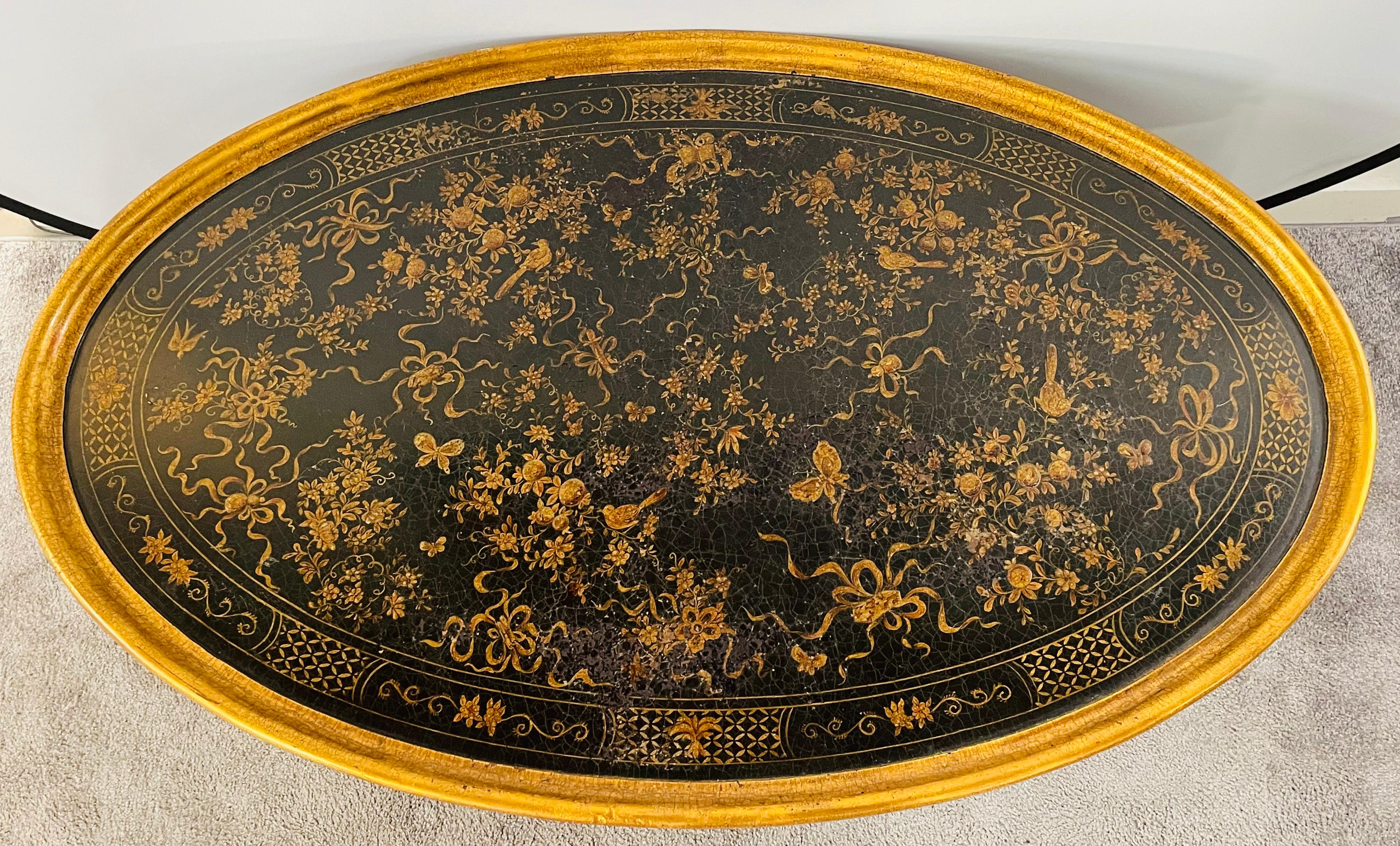 Antique English Chinoiserie Style Oval Coffee Table with Faux Bamboo Legs In Good Condition In Plainview, NY