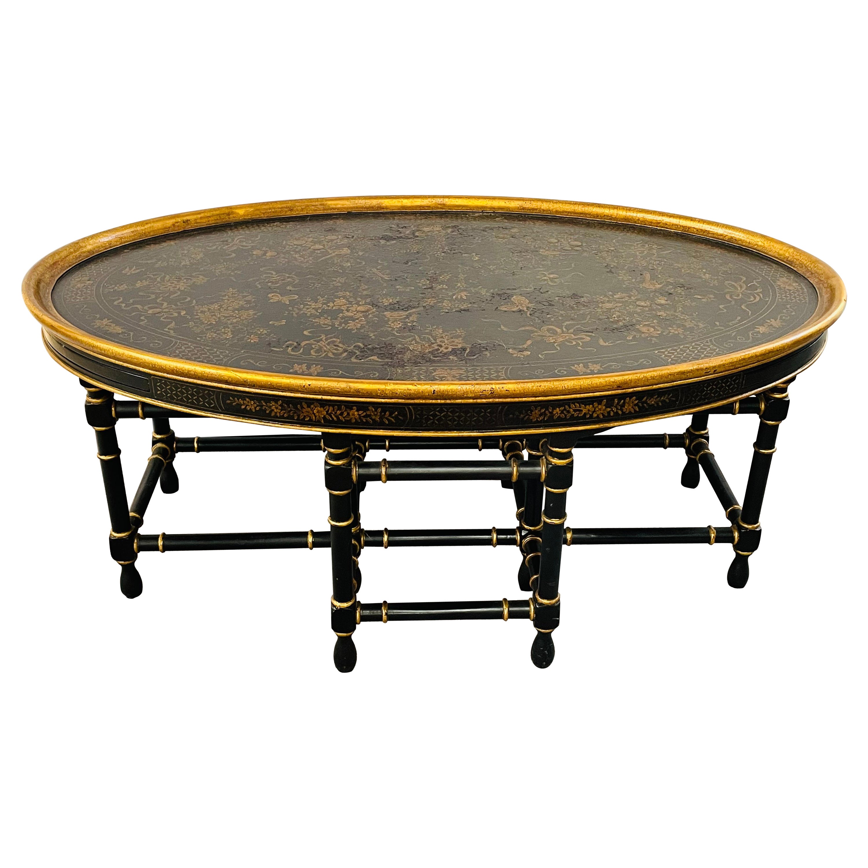 Antique English Chinoiserie Style Oval Coffee Table with Faux Bamboo Legs