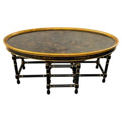 Antique English Chinoiserie Style Oval Coffee Table with Faux Bamboo Legs