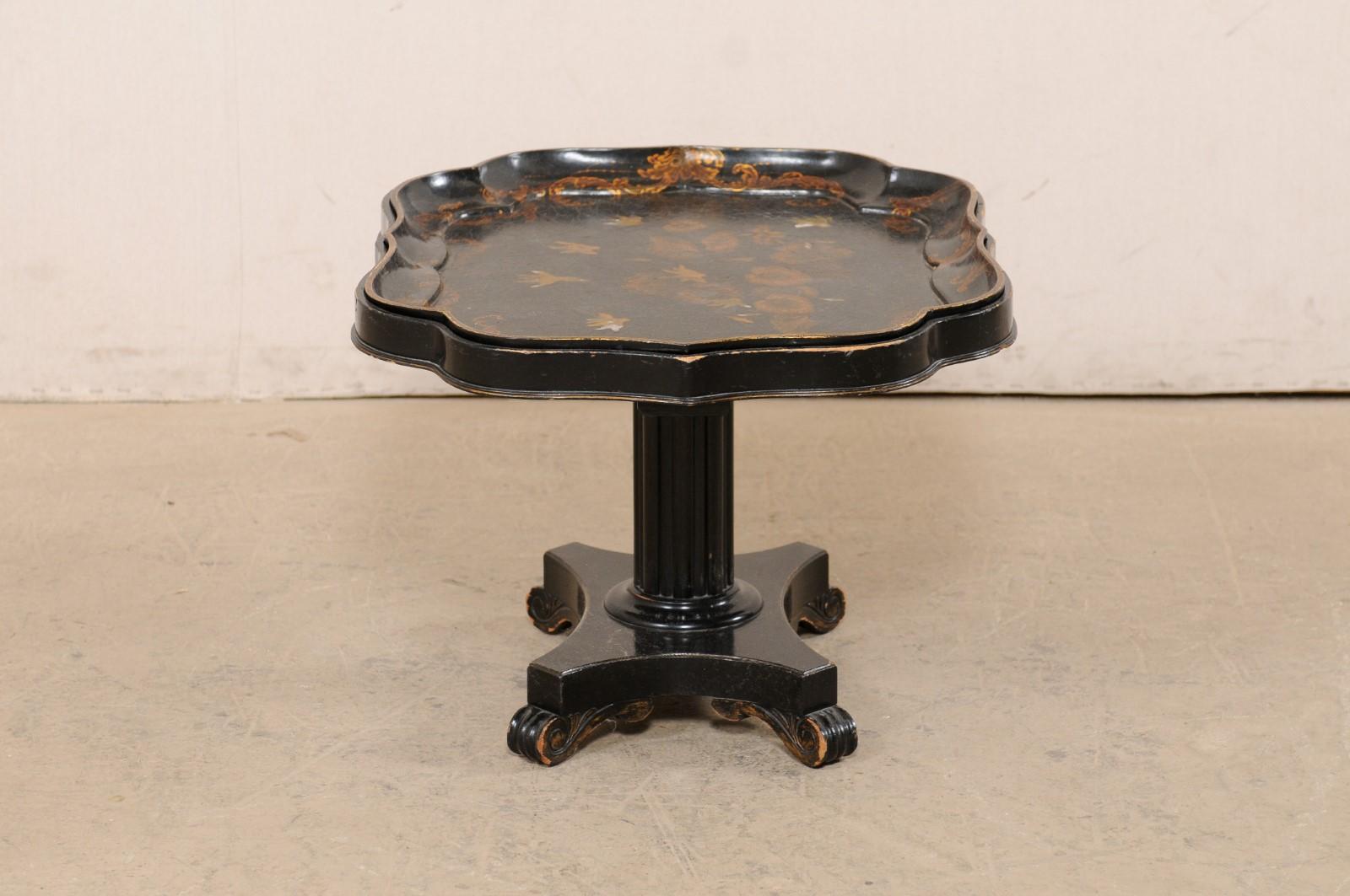 Wood Antique English Chinoiserie Tray-Top Pedestal Coffee Table in Black and Gold For Sale