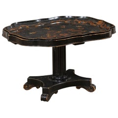 Antique English Chinoiserie Tray-Top Pedestal Coffee Table in Black and Gold