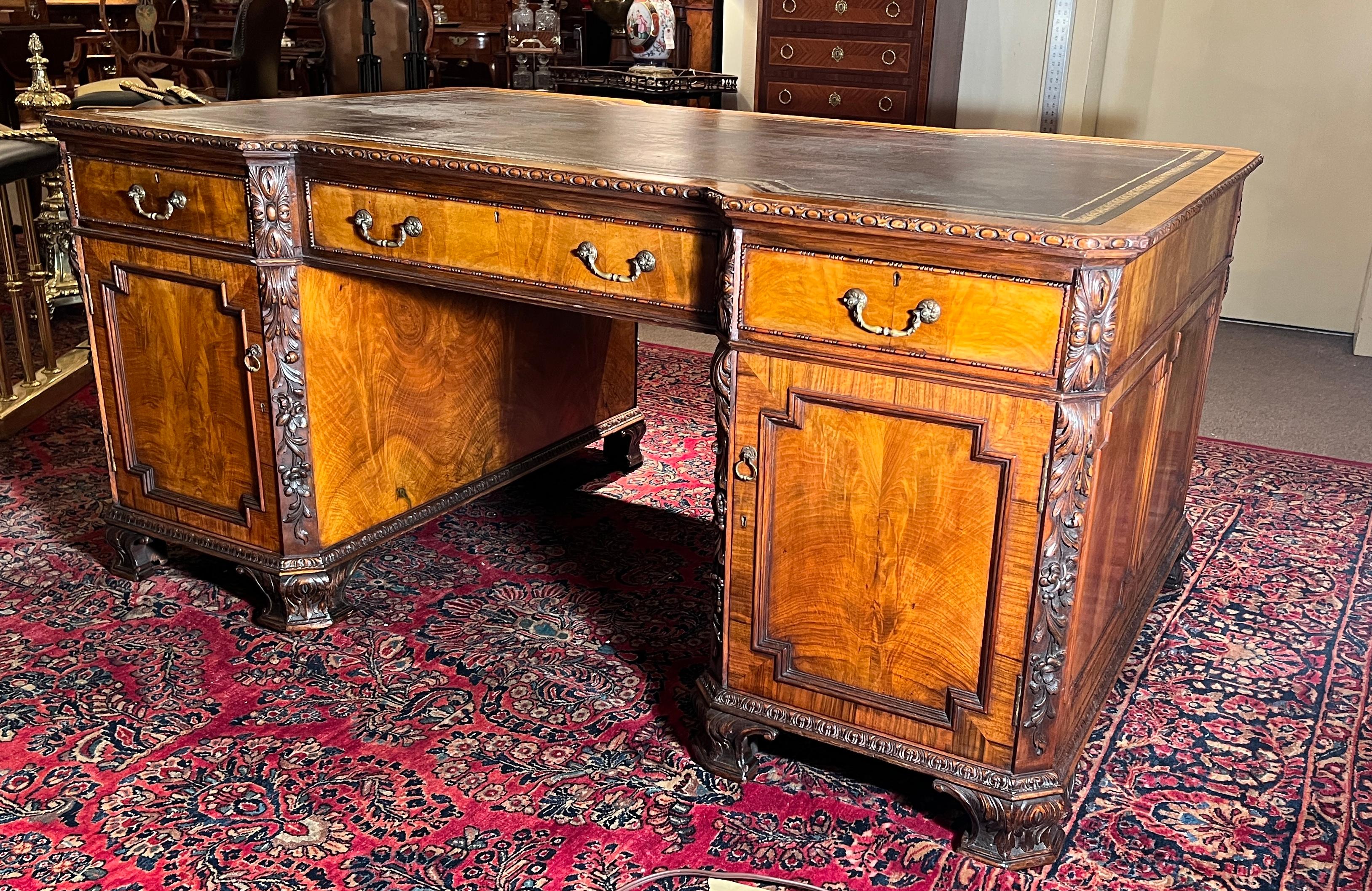 19th Century Antique English Chippendale Flamed Mahogany Partner's Desk, Circa 1880. For Sale