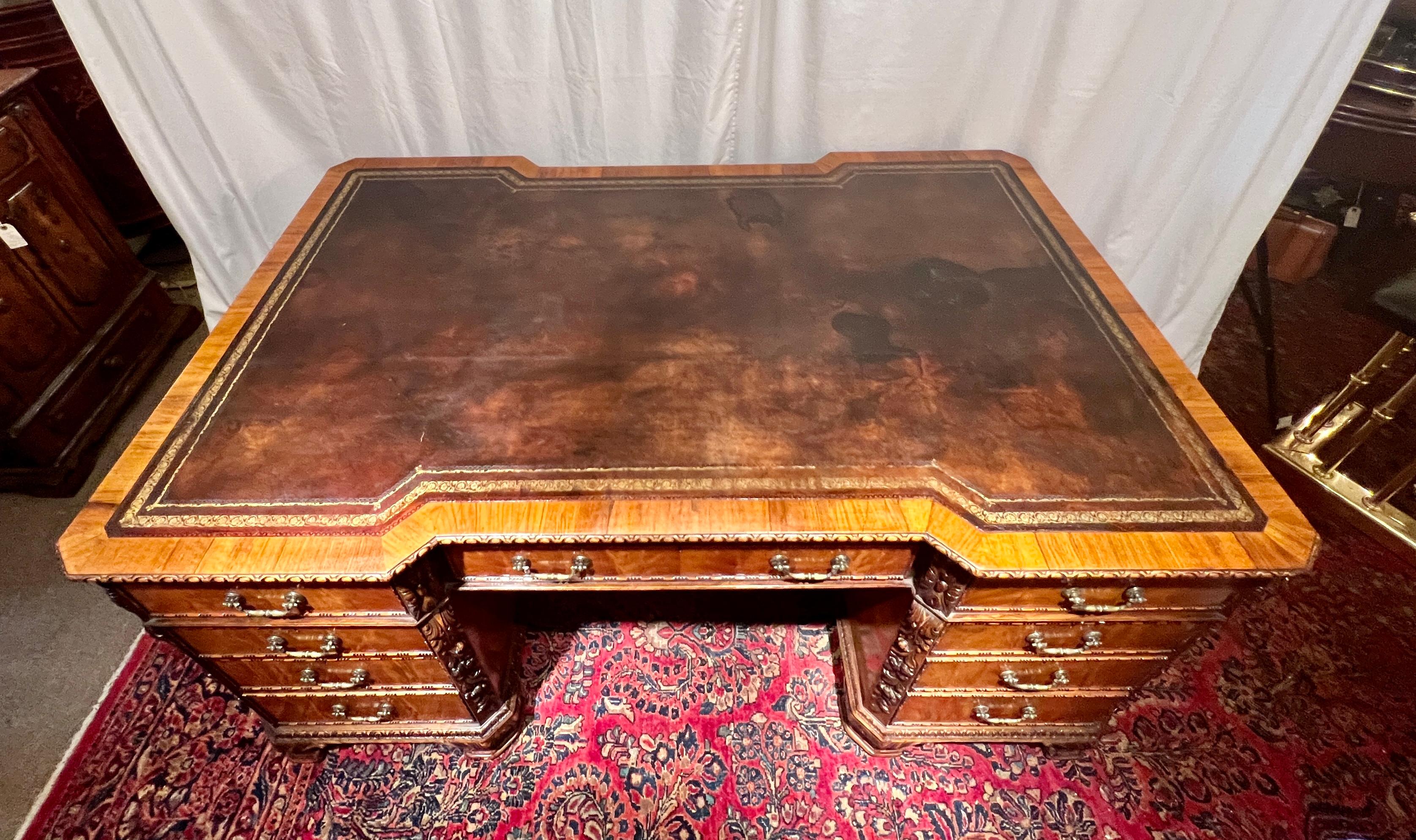 Antique English Chippendale Flamed Mahogany Partner's Desk, Circa 1880. For Sale 3