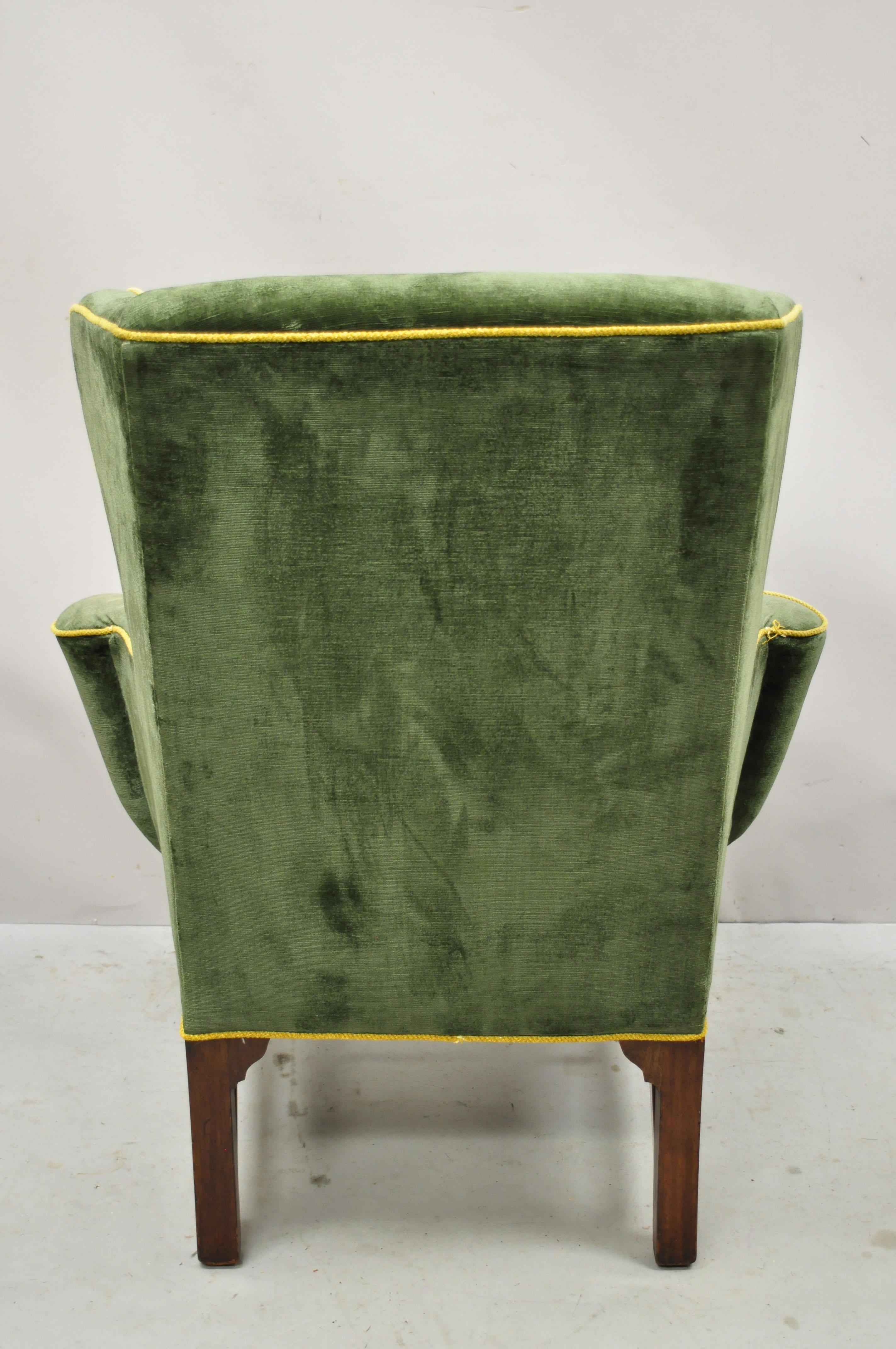 Antique English Chippendale Georgian Mahogany Green Mohair Wingback Lounge Chair 6