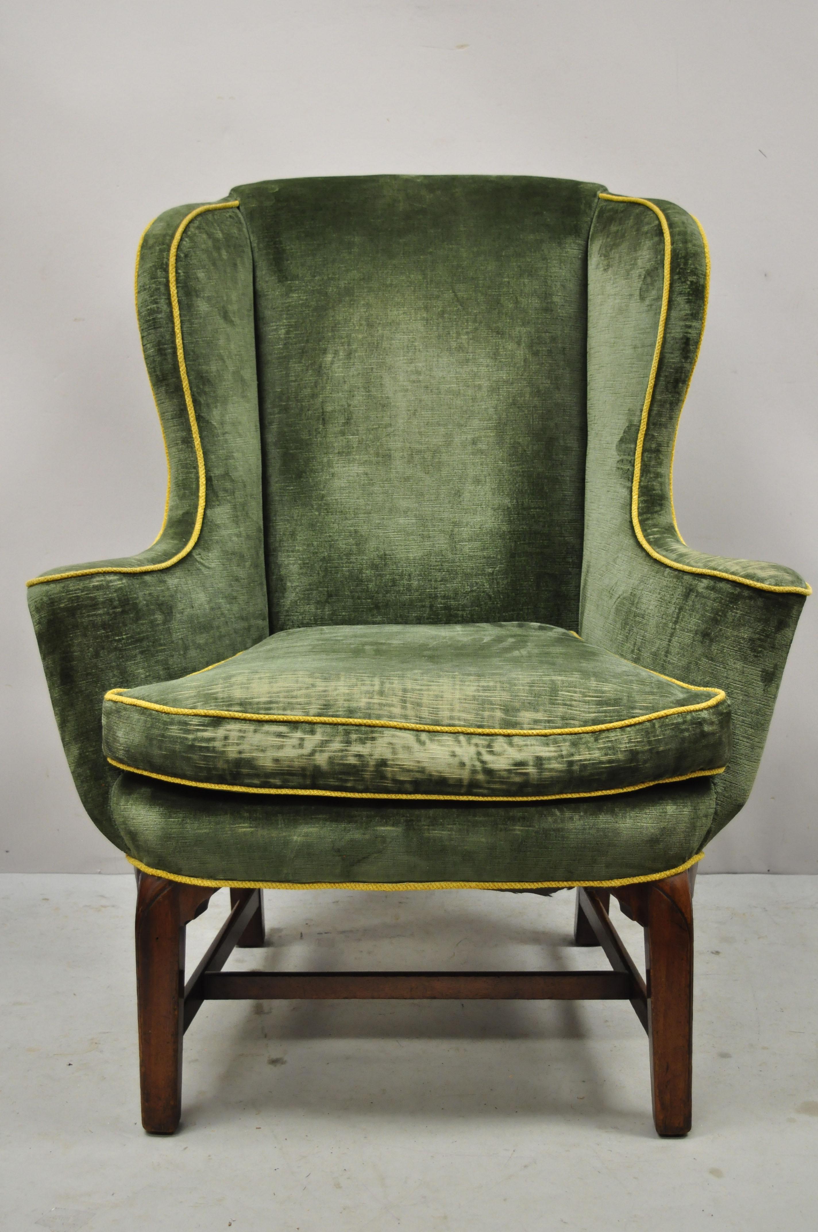 Antique English Chippendale Georgian Mahogany Green Mohair Wingback Lounge Chair 7