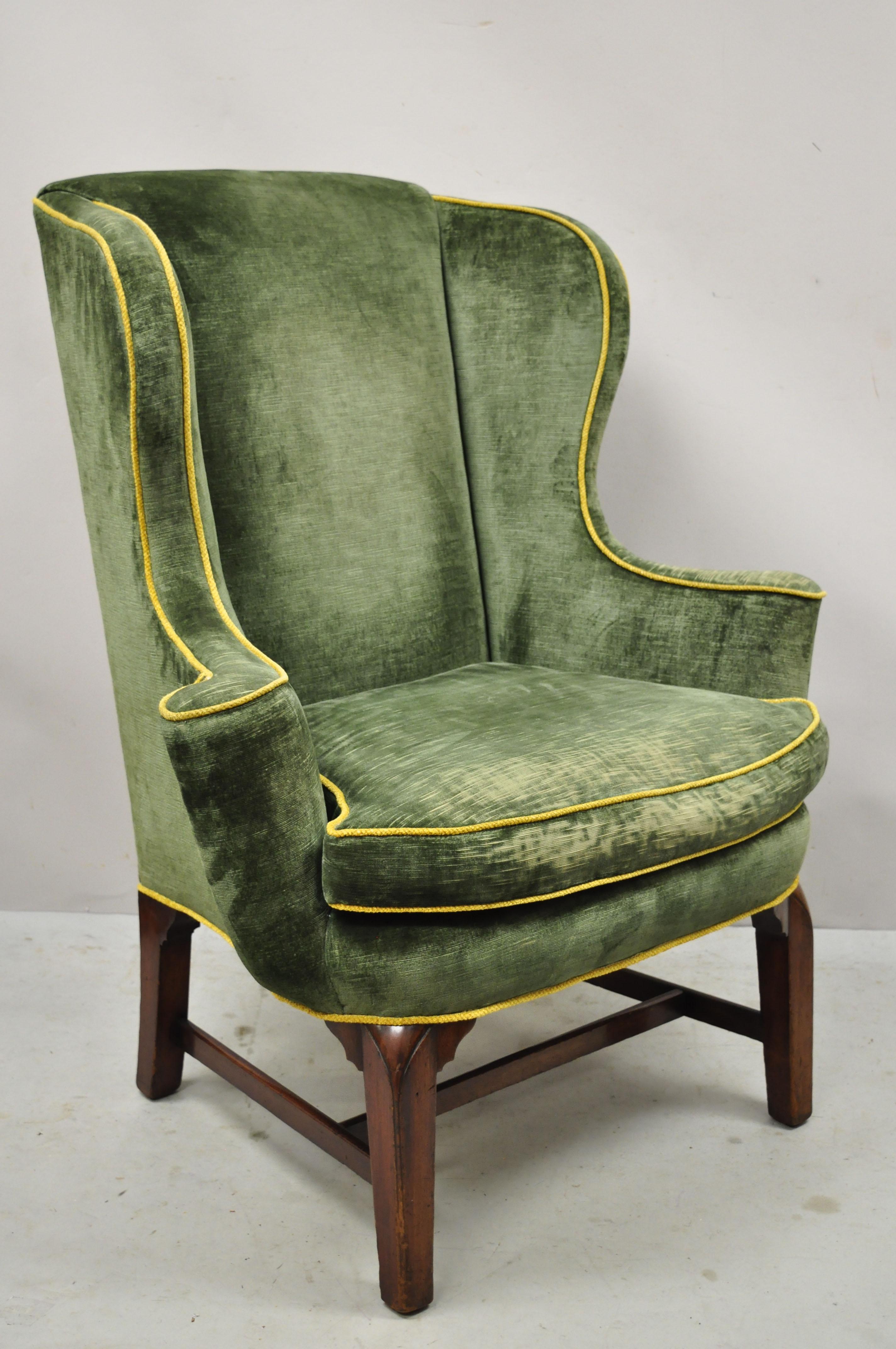 Antique English Chippendale Georgian Mahogany Green Mohair Wingback Lounge Chair In Good Condition In Philadelphia, PA