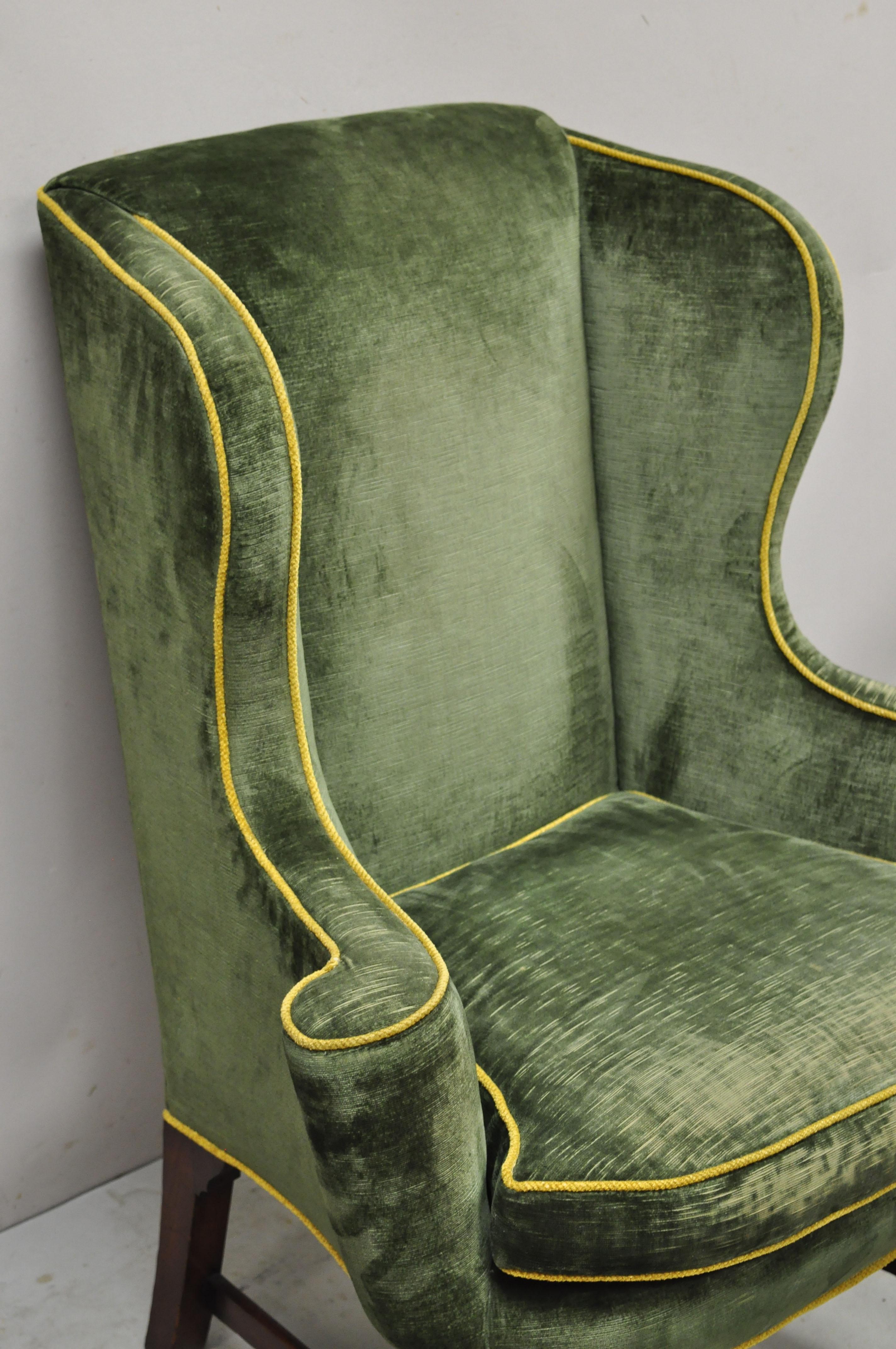 20th Century Antique English Chippendale Georgian Mahogany Green Mohair Wingback Lounge Chair