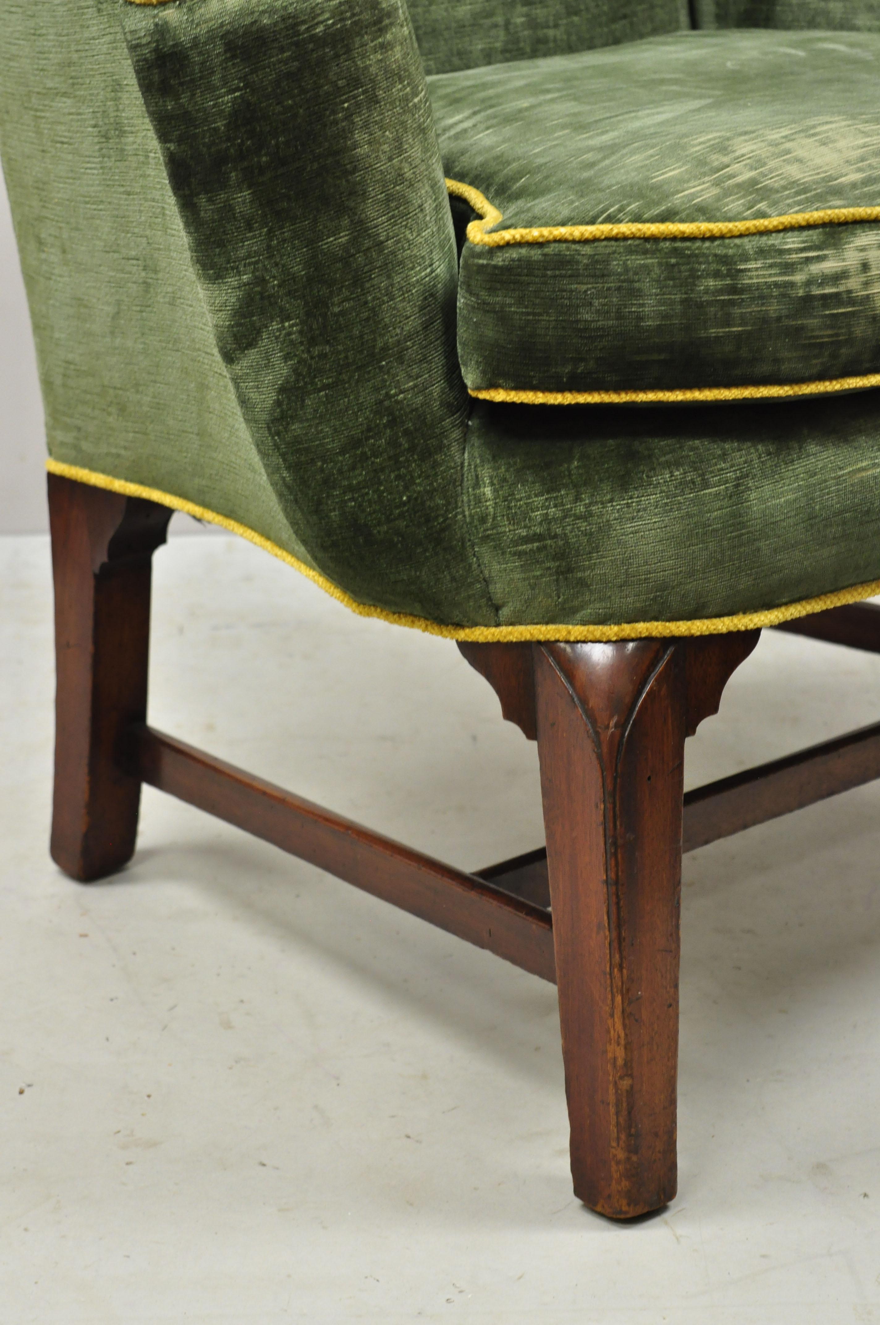 Antique English Chippendale Georgian Mahogany Green Mohair Wingback Lounge Chair 1