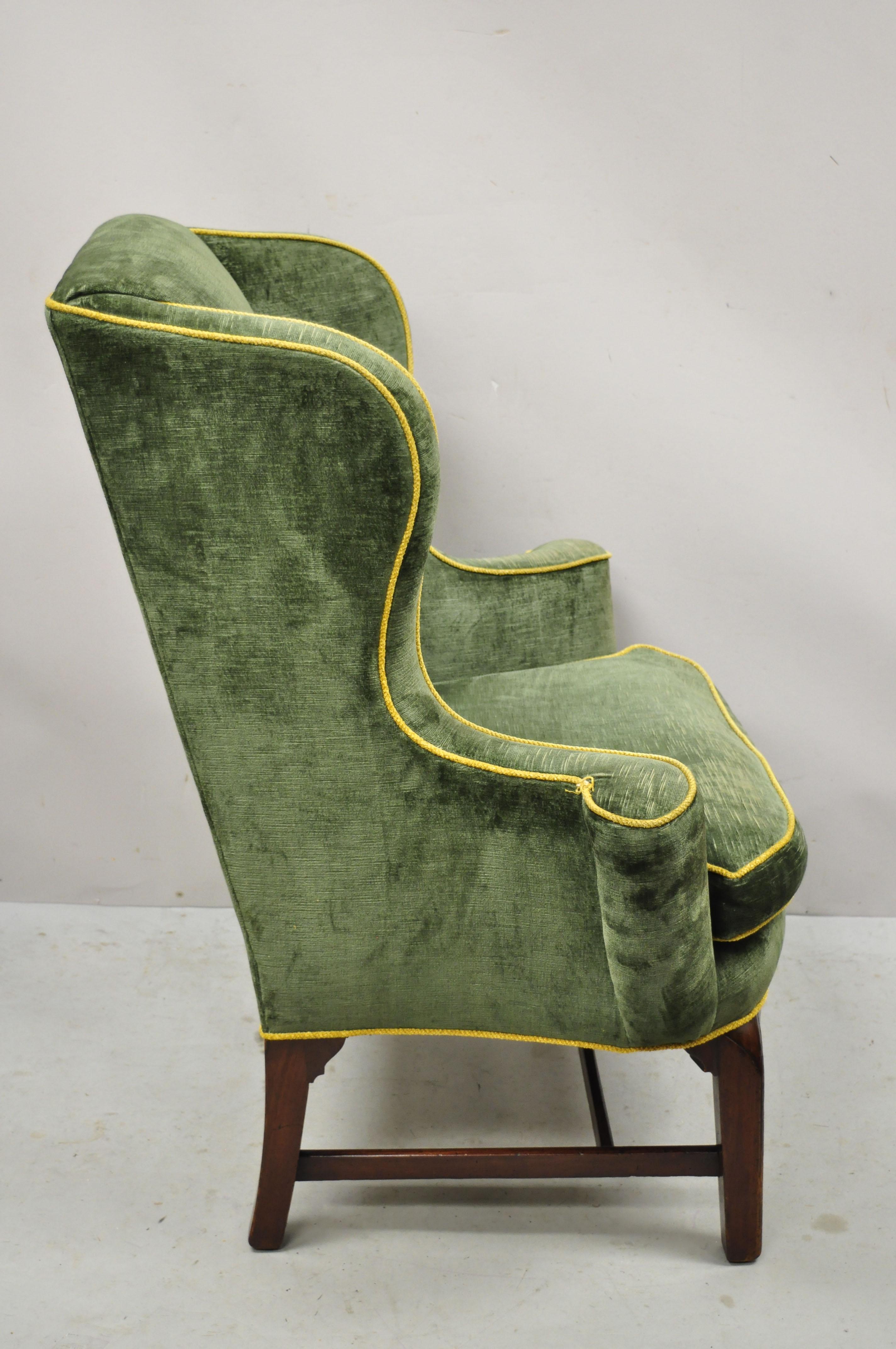 Antique English Chippendale Georgian Mahogany Green Mohair Wingback Lounge Chair 4