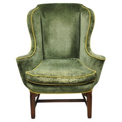 Antique English Chippendale Georgian Mahogany Green Mohair Wingback Lounge Chair