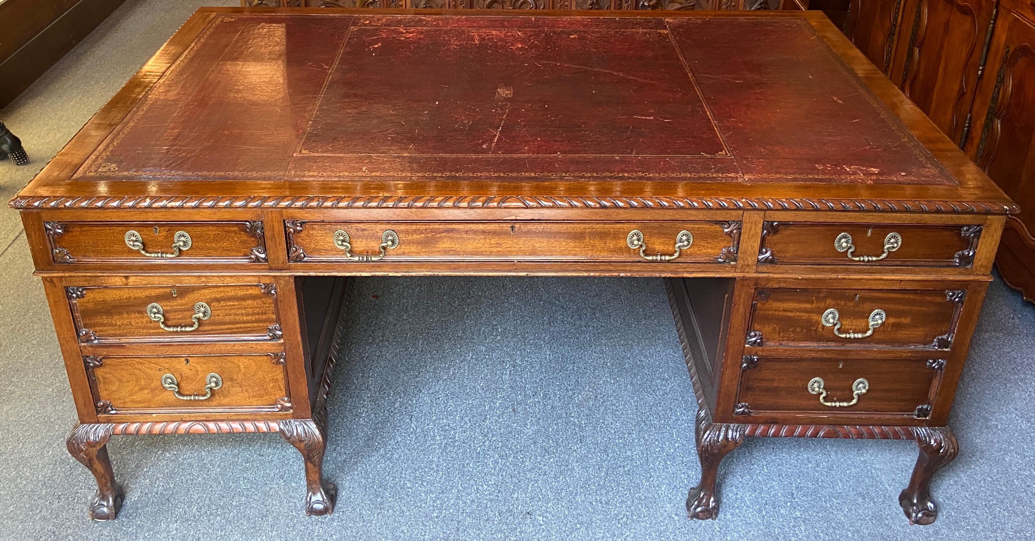 Antique English chippendale mahogany partner's desk signed 