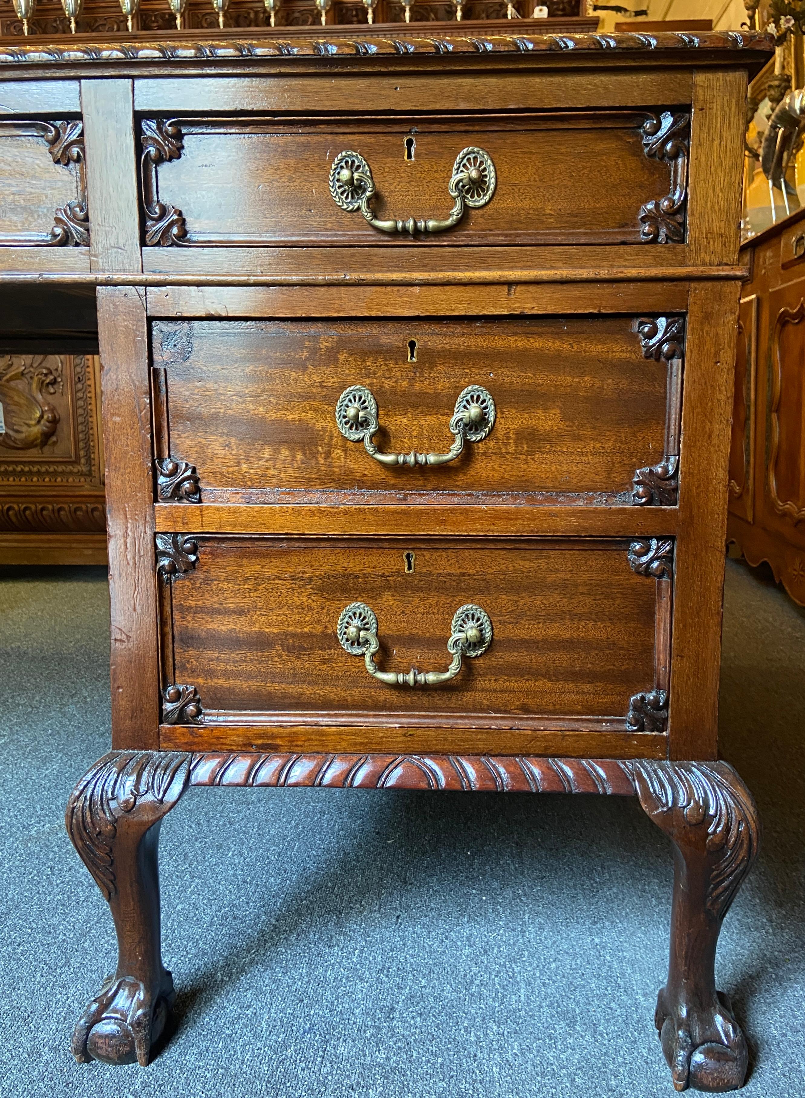 Chinese Chippendale Antique English Chippendale Mahogany Maple & Co. London Partner's Desk, Ca 1890 For Sale