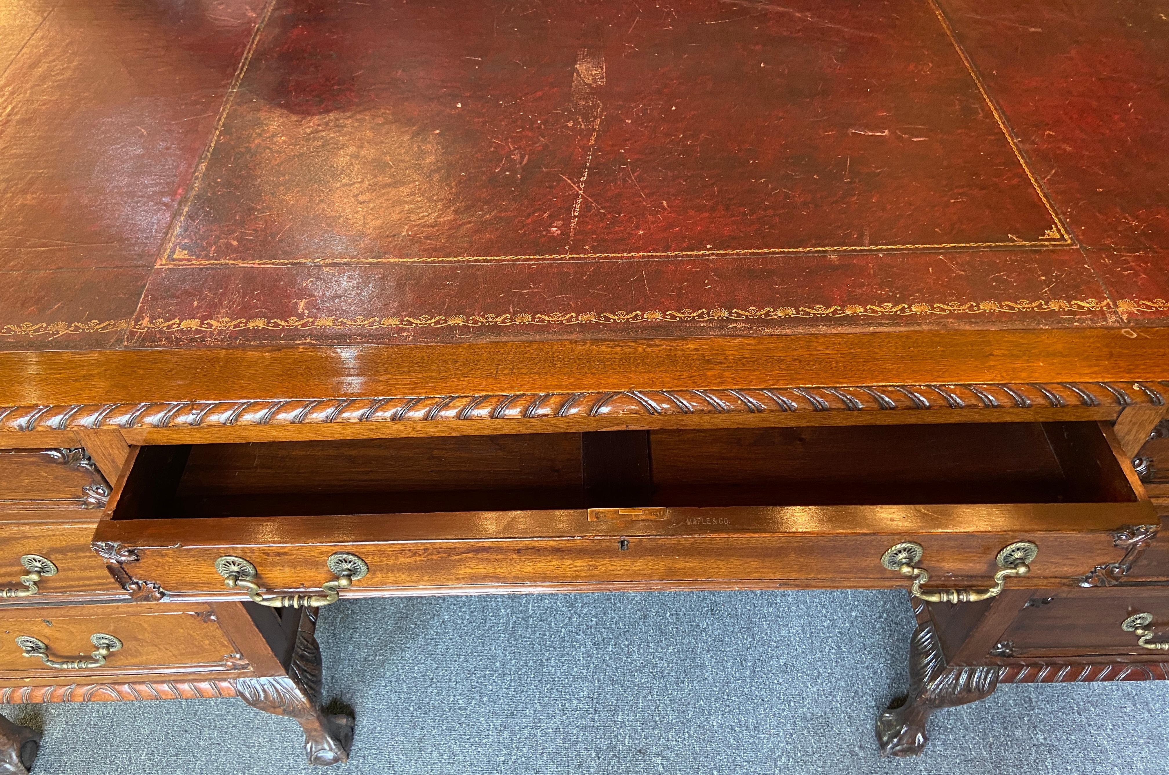 Antique English Chippendale Mahogany Maple & Co. London Partner's Desk, Ca 1890 For Sale 1