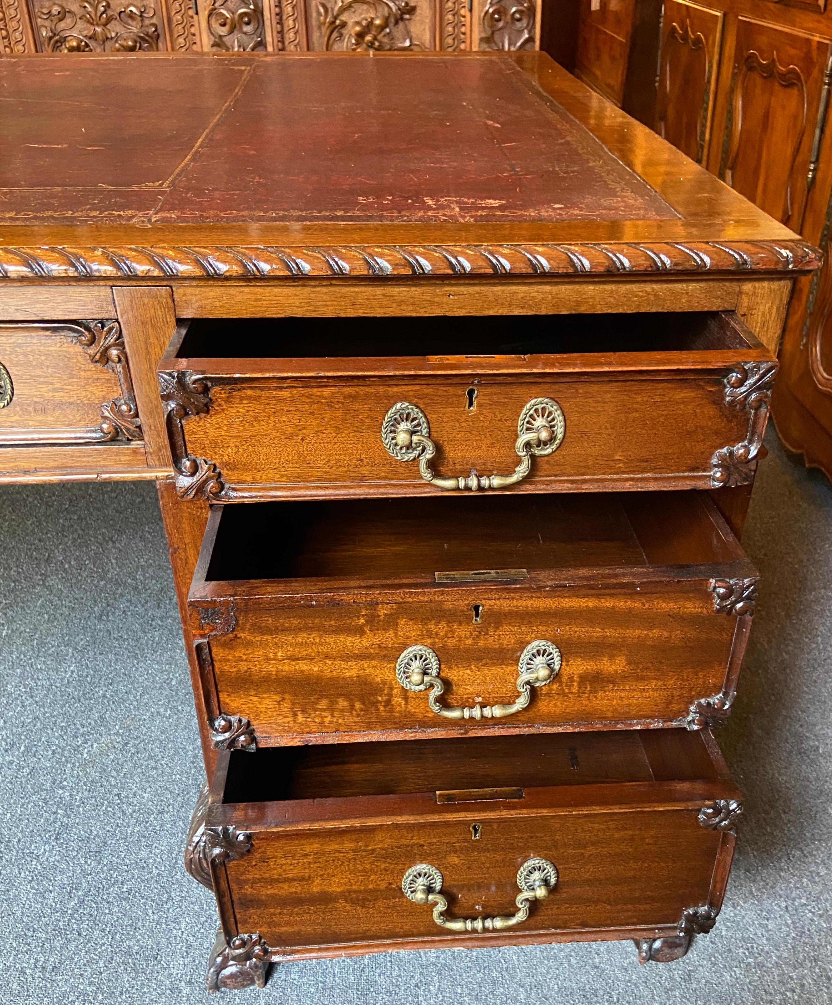 Antique English Chippendale Mahogany Maple & Co. London Partner's Desk, Ca 1890 For Sale 2