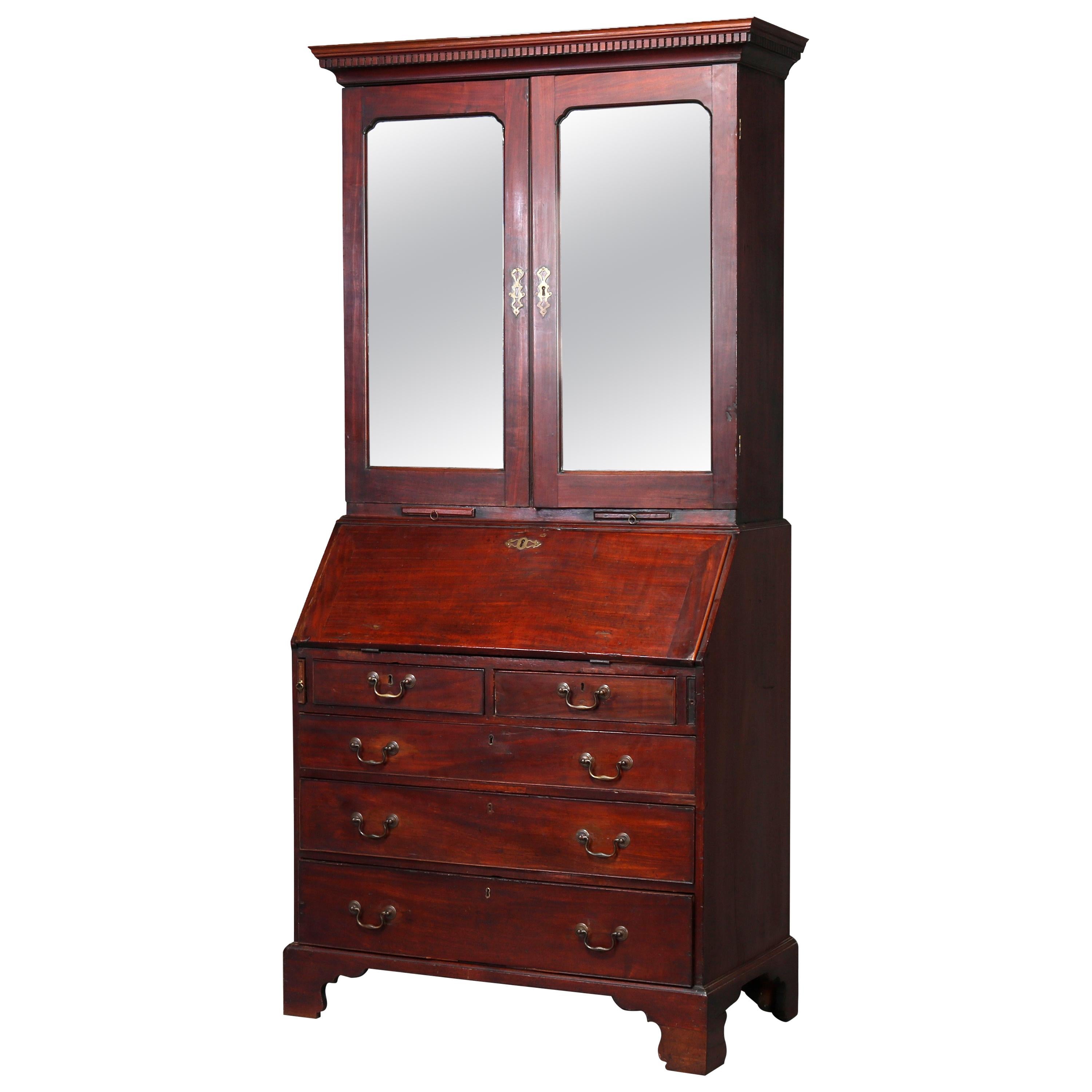 Antique English Chippendale Mahogany Drop Front Bookcase Secretary, 18th Century