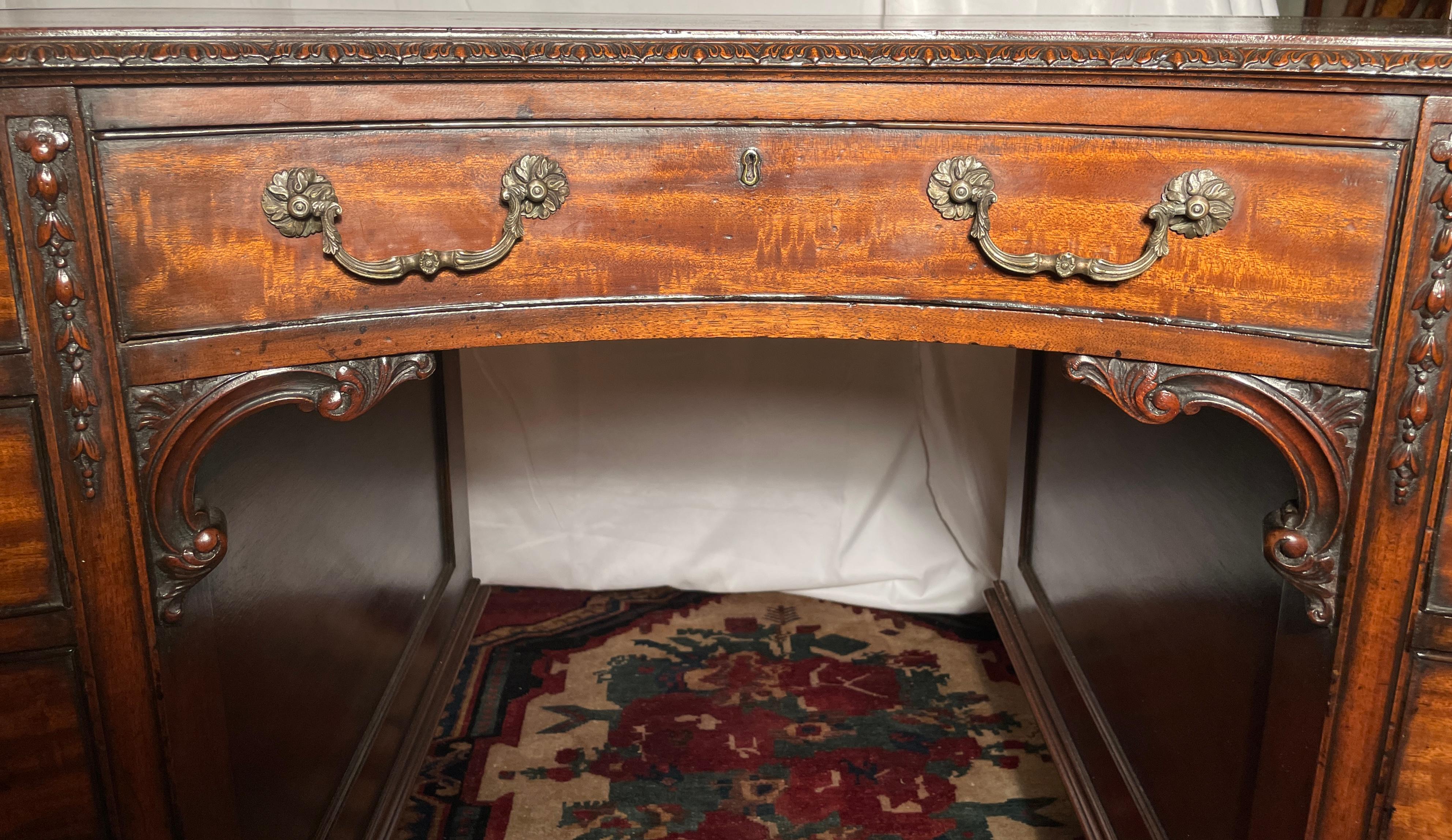 19th Century Antique English Chippendale Mahogany Kidney Shaped Leather-Top Desk, Circa 1880